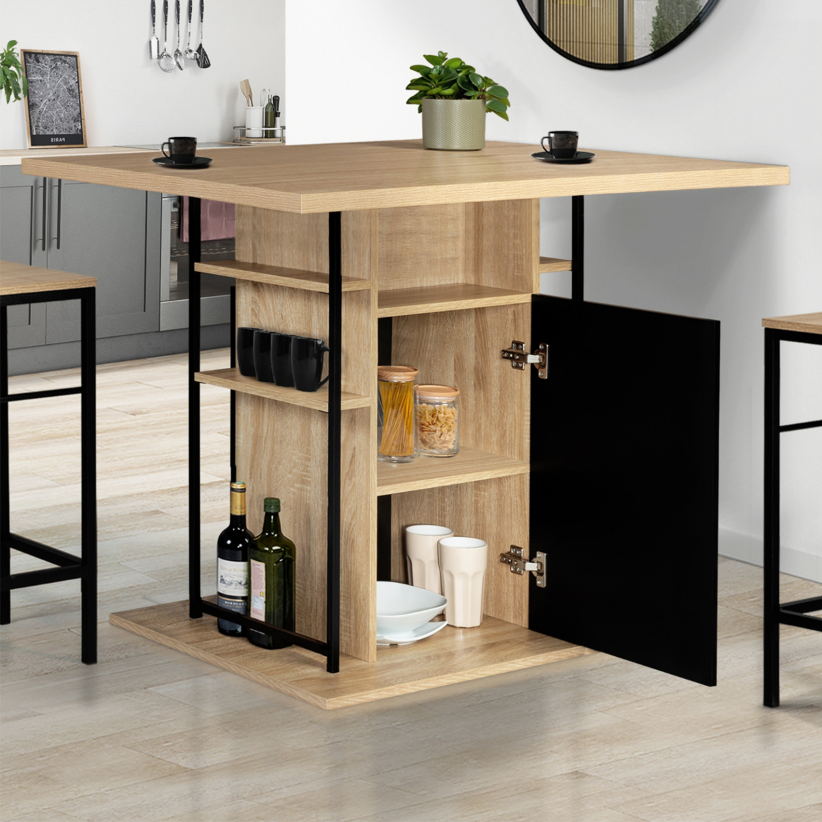 ID MARKET Ilot central UGO 110 cm bois noir et imitation hêtre avec rangements design industriel