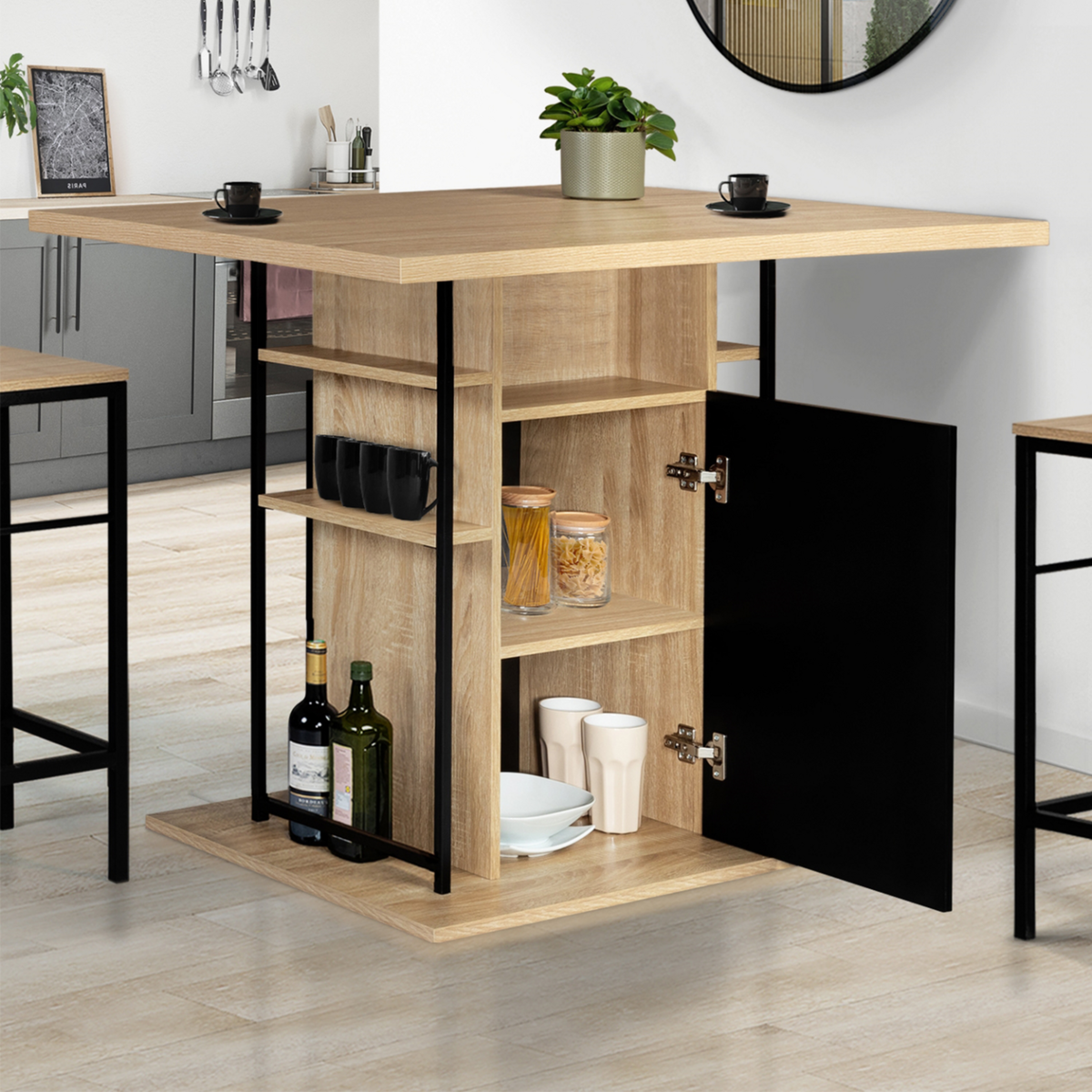 ID MARKET Ilot central UGO 110 cm bois noir et imitation hêtre avec rangements design industriel