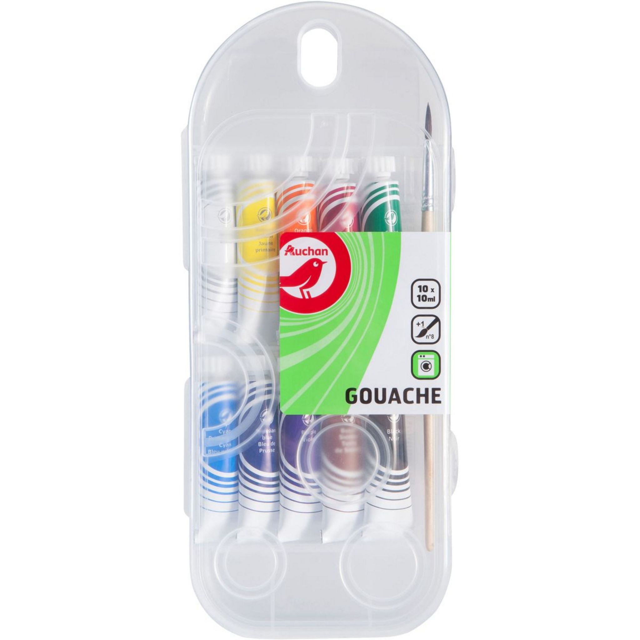 AUCHAN Lot de 10 tubes de peintures 10ml + 1 pinceau N°8