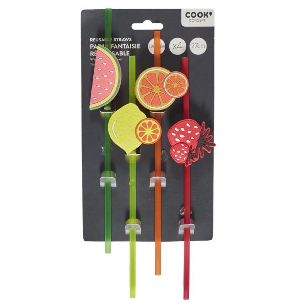 Paris Prix Lot de 4 Pailles Fruits  Réutilisables  27cm Multicolore
