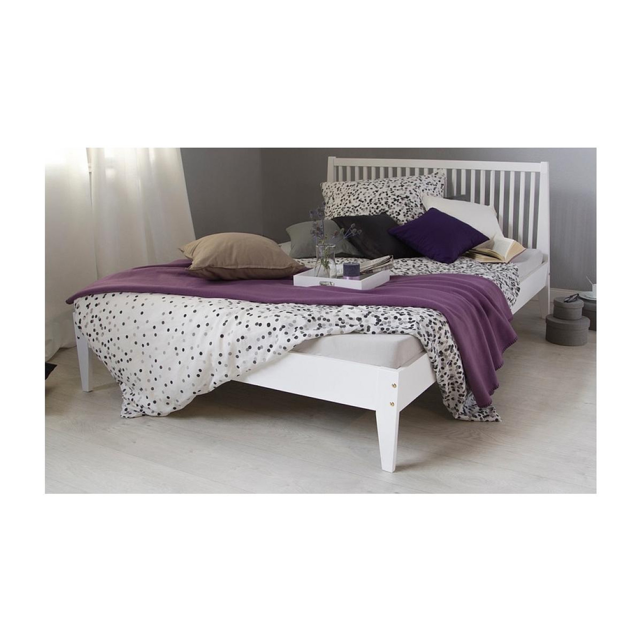 Voir la diapositive 2 : HomeStyle4U Lit double en bois massif 140x200cm blanc pin lit futon a lattes cadre de lit