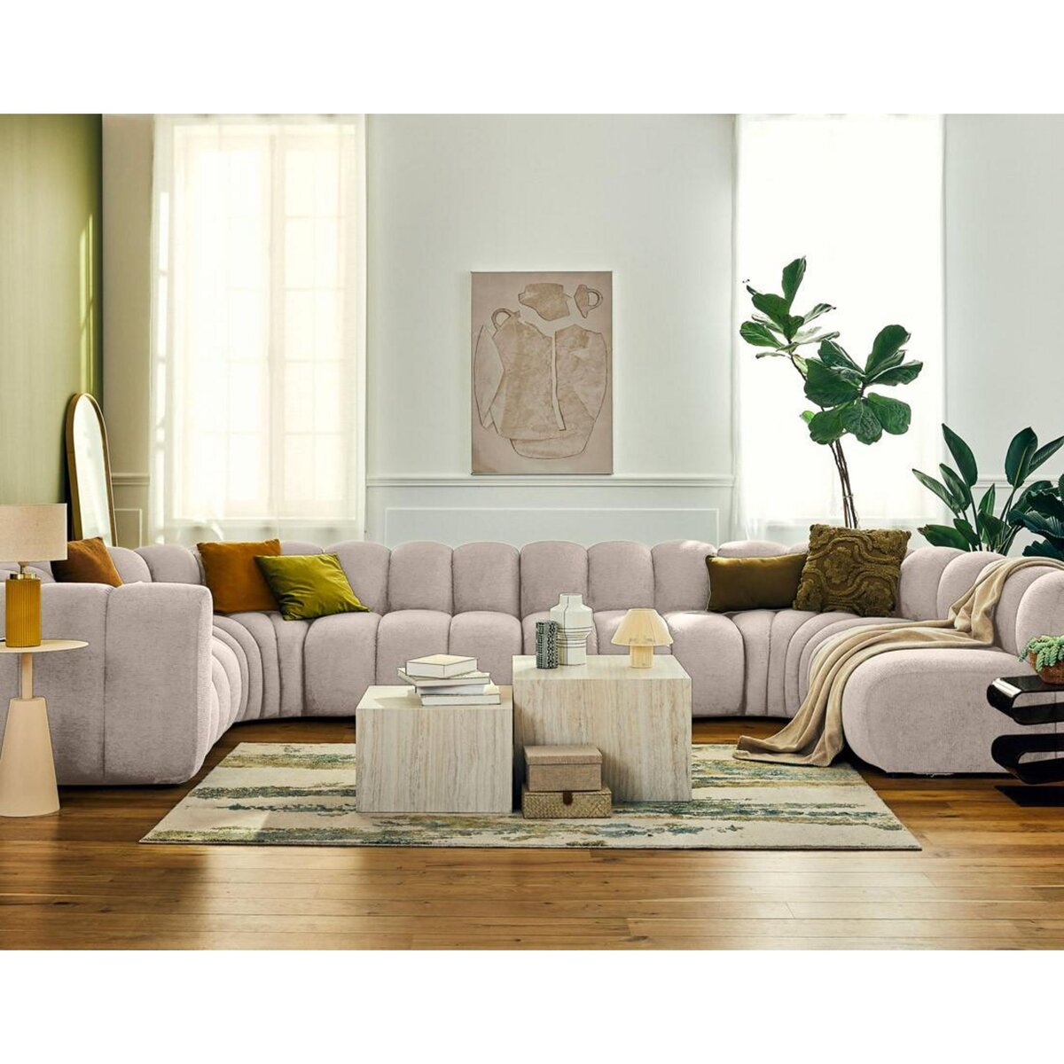 LISA DESIGN Debbie - canapé modulable panoramique d'angle droit 7 places en tissu texturé