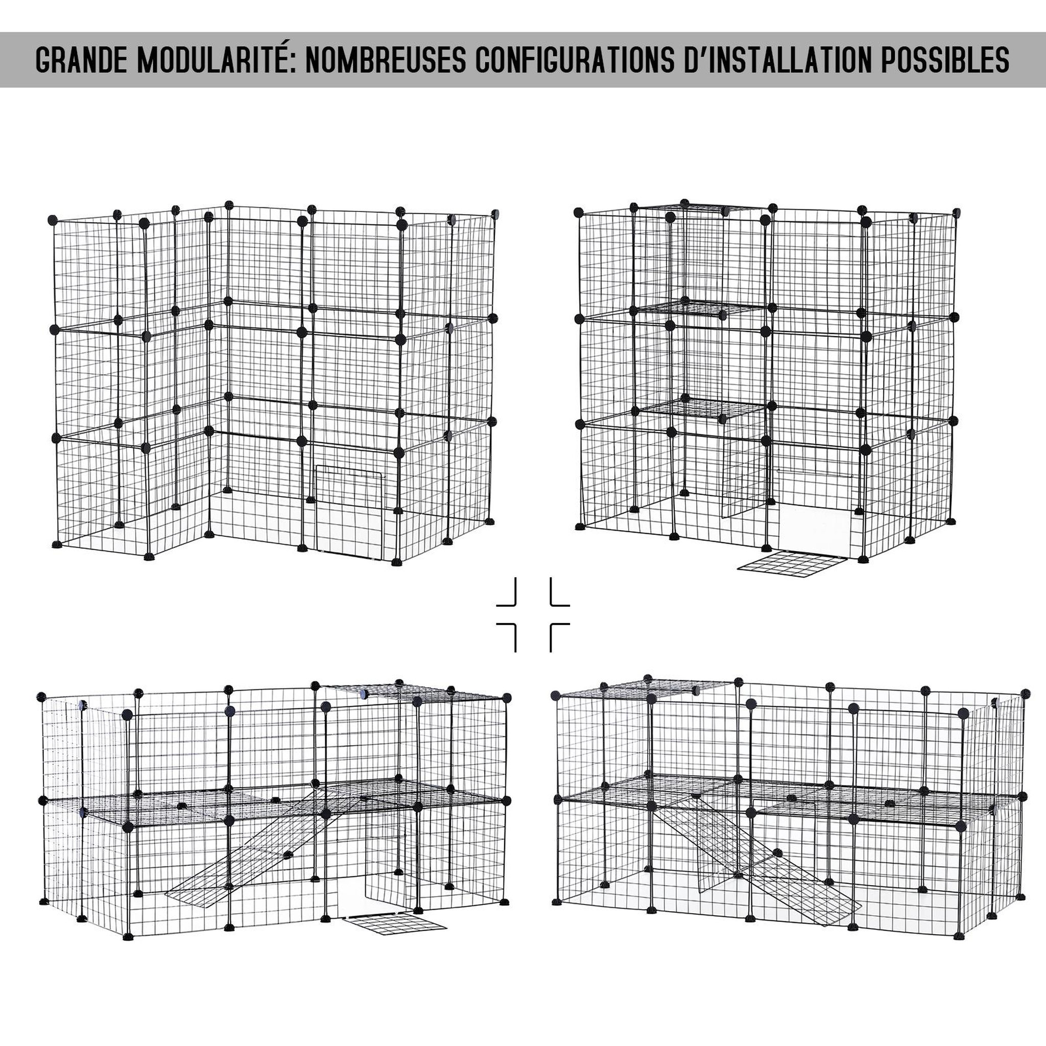 Voir la diapositive 4 : PAWHUT Cage parc enclos pour animaux domestiques l 146 x l 73 x h 73 cm modulable 2 niveaux 36 panneaux bords arrondis fil métallique noir