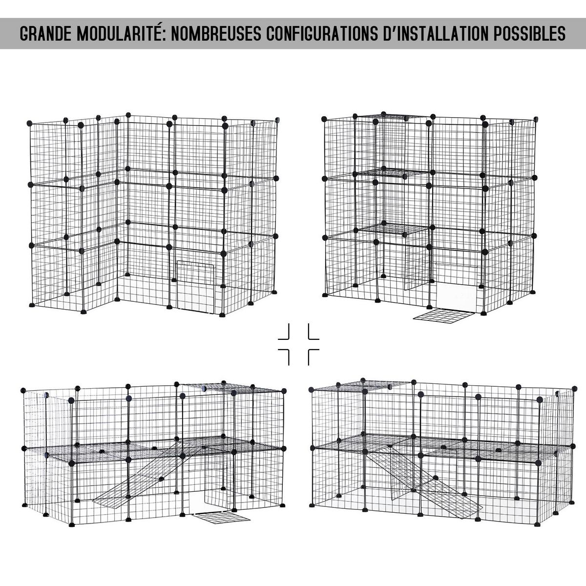 PAWHUT Cage parc enclos pour animaux domestiques L 146 x l 73 x H 73 cm modulable 2 niveaux 36 panneaux bords arrondis fil métallique noir