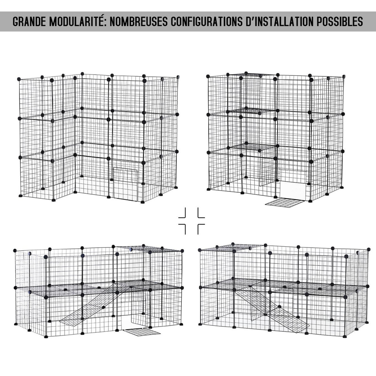 PAWHUT Cage parc enclos pour animaux domestiques L 146 x l 73 x H 73 cm modulable 2 niveaux 36 panneaux bords arrondis fil métallique noir