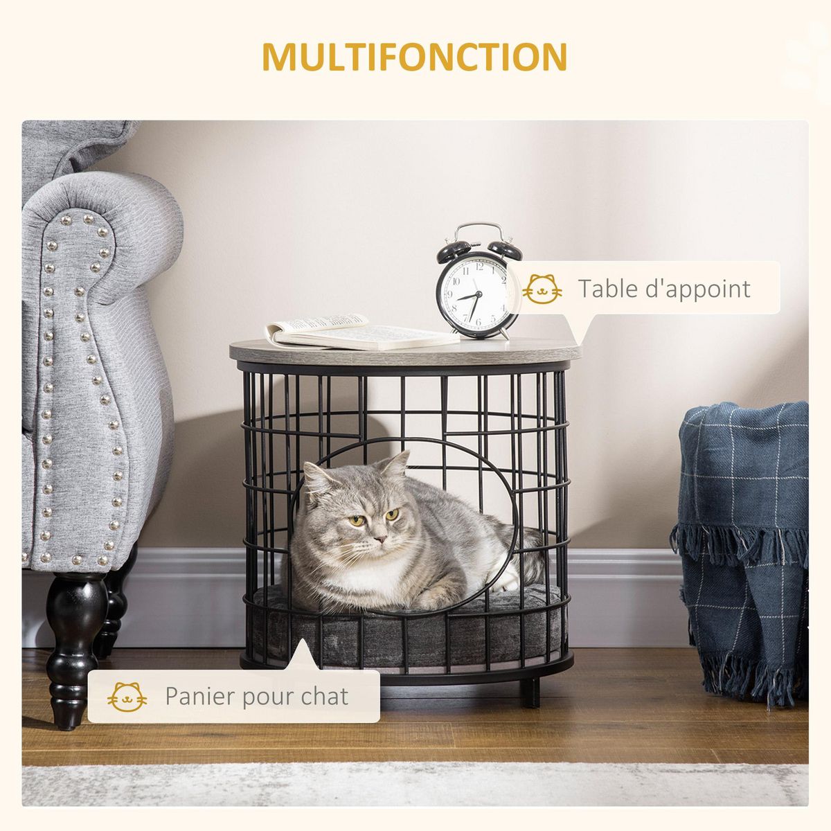 PAWHUT Panier chat cosy grand confort table basse 2 en 1 coussin amovible acier noir panneaux particules aspect bois gris