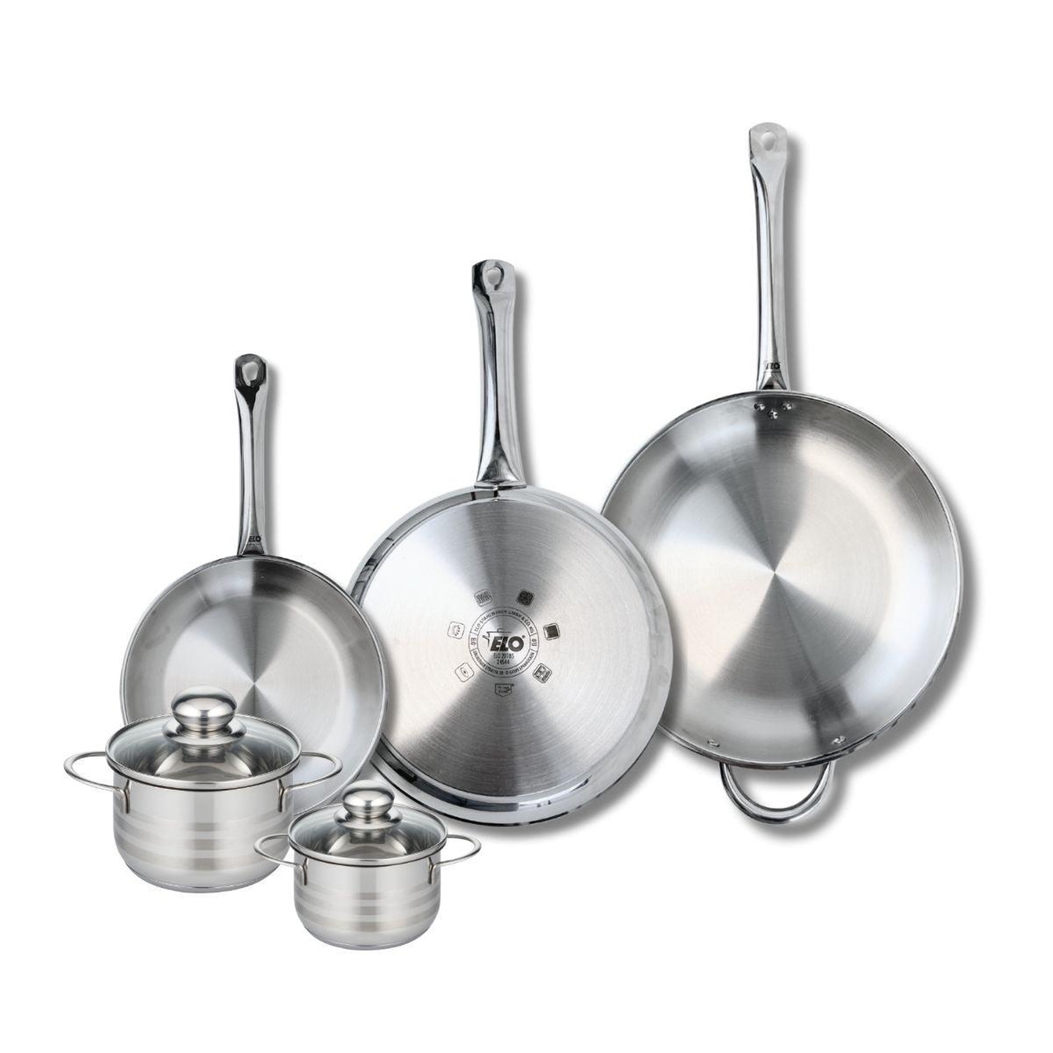 ELO Ensemble de 3 poêles de cuisson 24, 28 et 32 cm et 2 faitouts 12 et 14 cm elo profi brillant