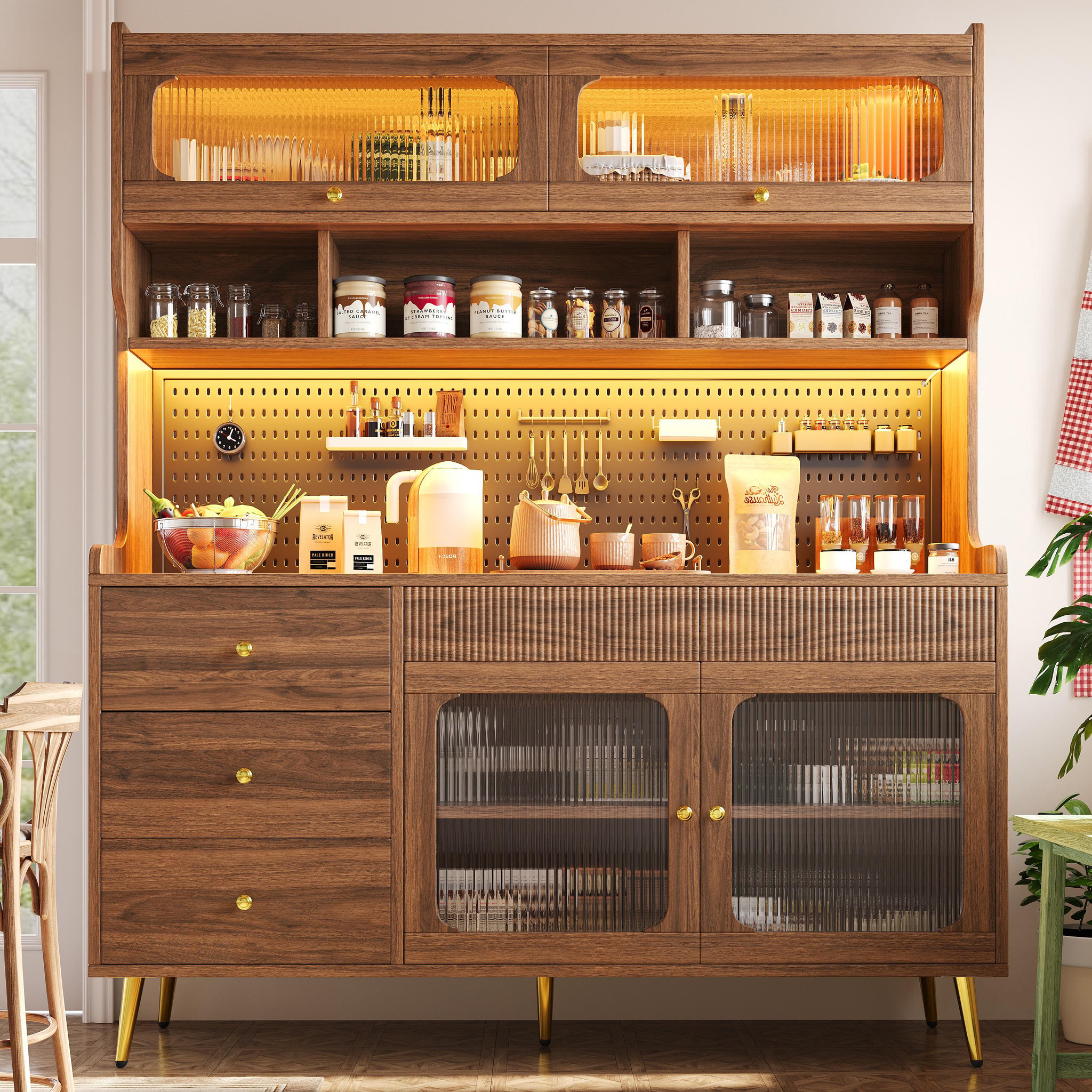 Voir la diapositive 4 : MERAX Buffet de cuisine 4 portes 4 tiroirs - 144,9 cm noyer led mdf