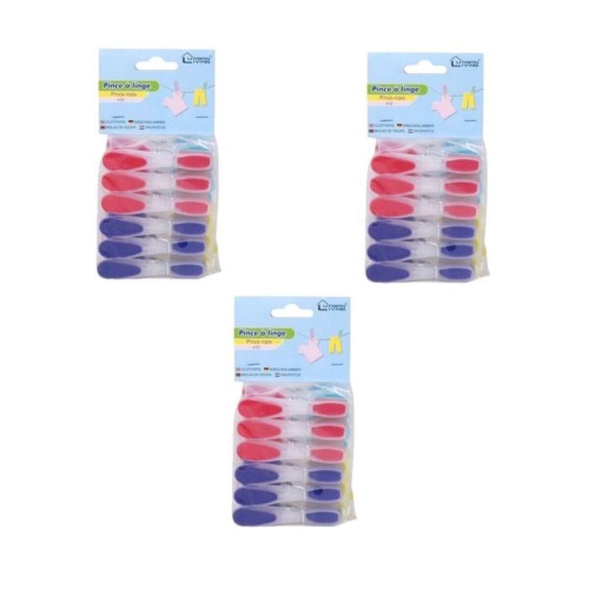 TOILINUX Lot de 3 x 12 Pinces à linge - Plastique - Multicolore