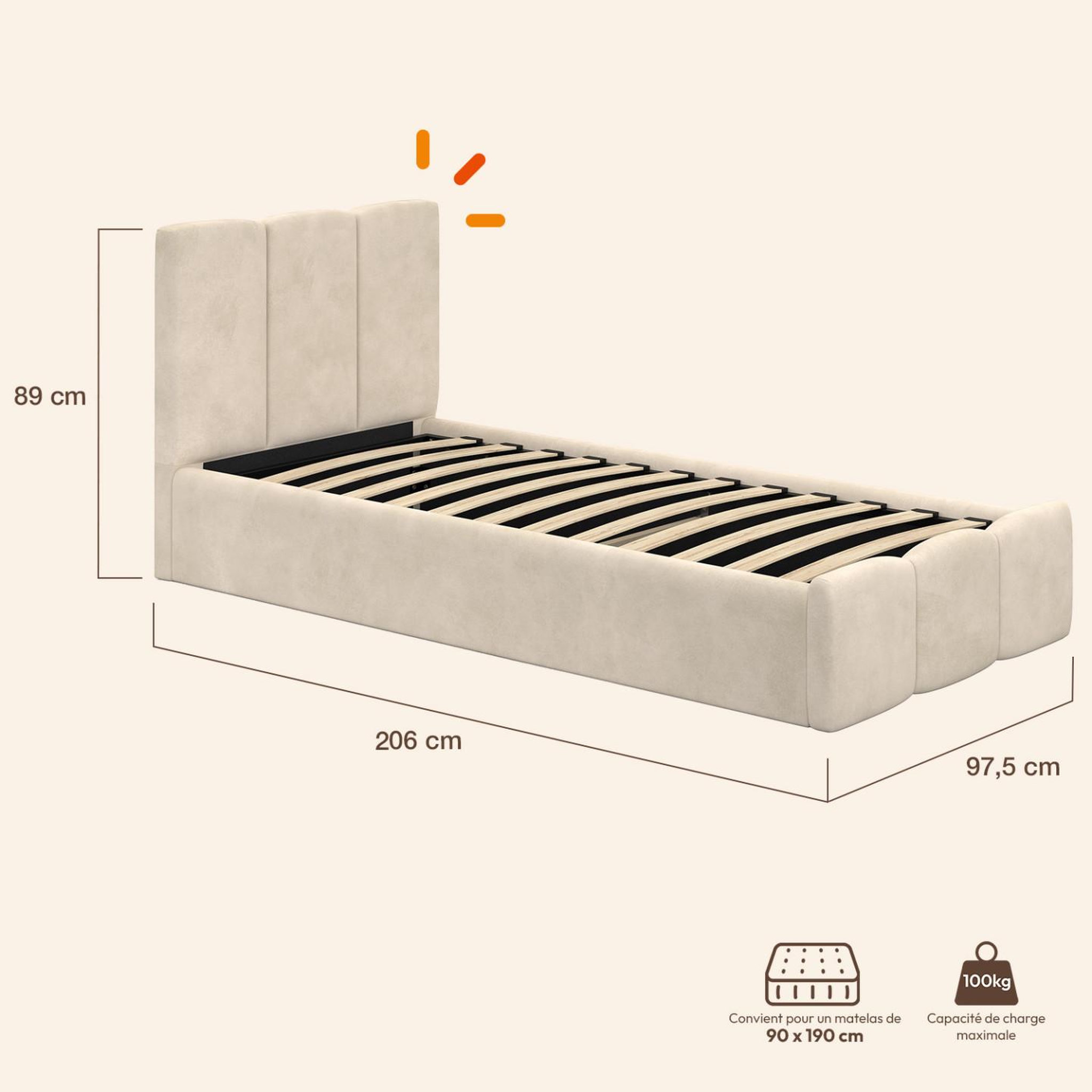 Voir la diapositive 4 : ID MARKET Lit coffre simple nuage avec tête de lit matelassée et sommier 90 x 190 cm velours beige