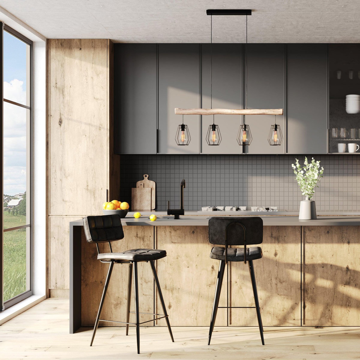 MAISON PAVANE Suspension en bois et métal 4 lampes-Clotilde