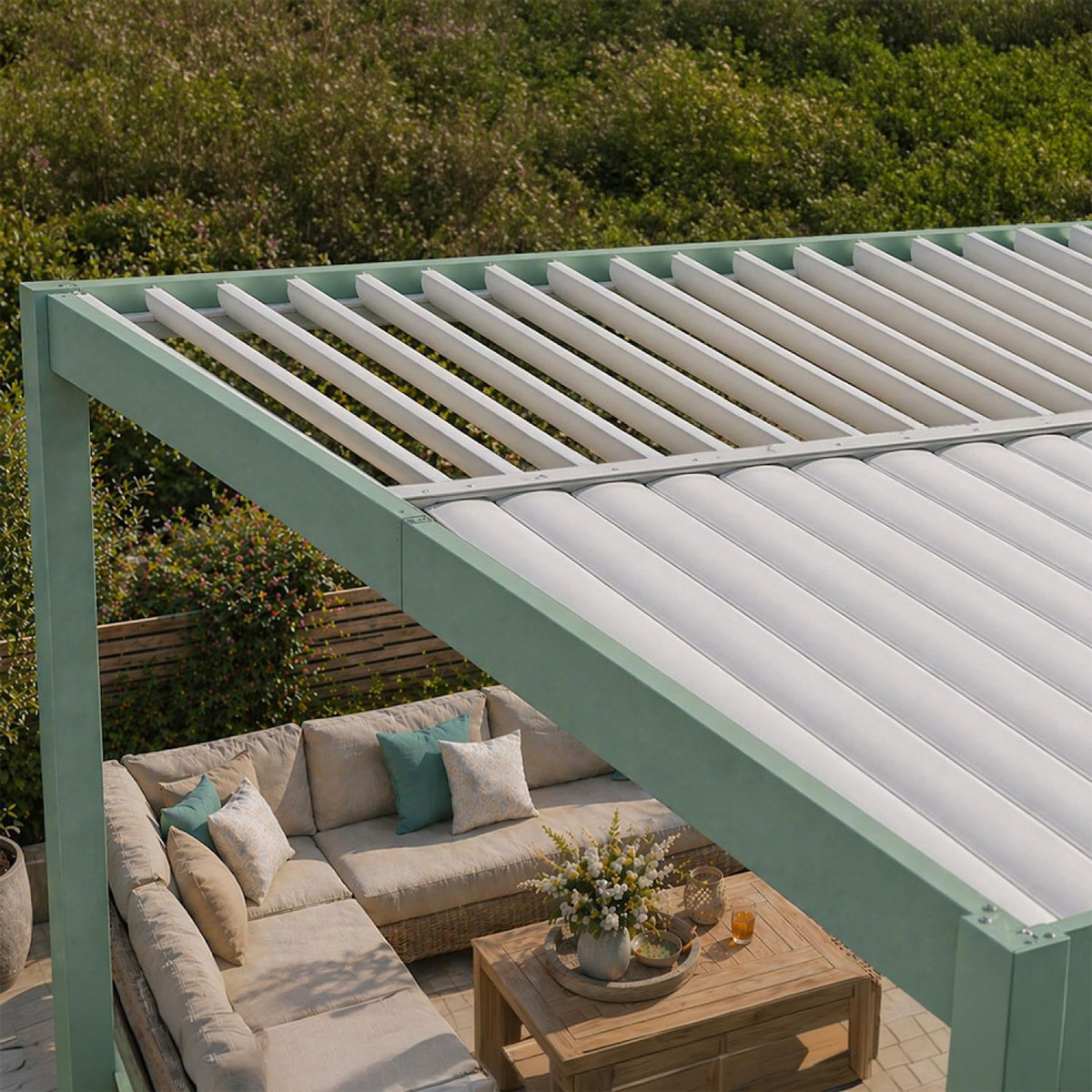 CONCEPT USINE Pergola bioclimatique structure et lames orientables en aluminium vert 4x3m RHODES