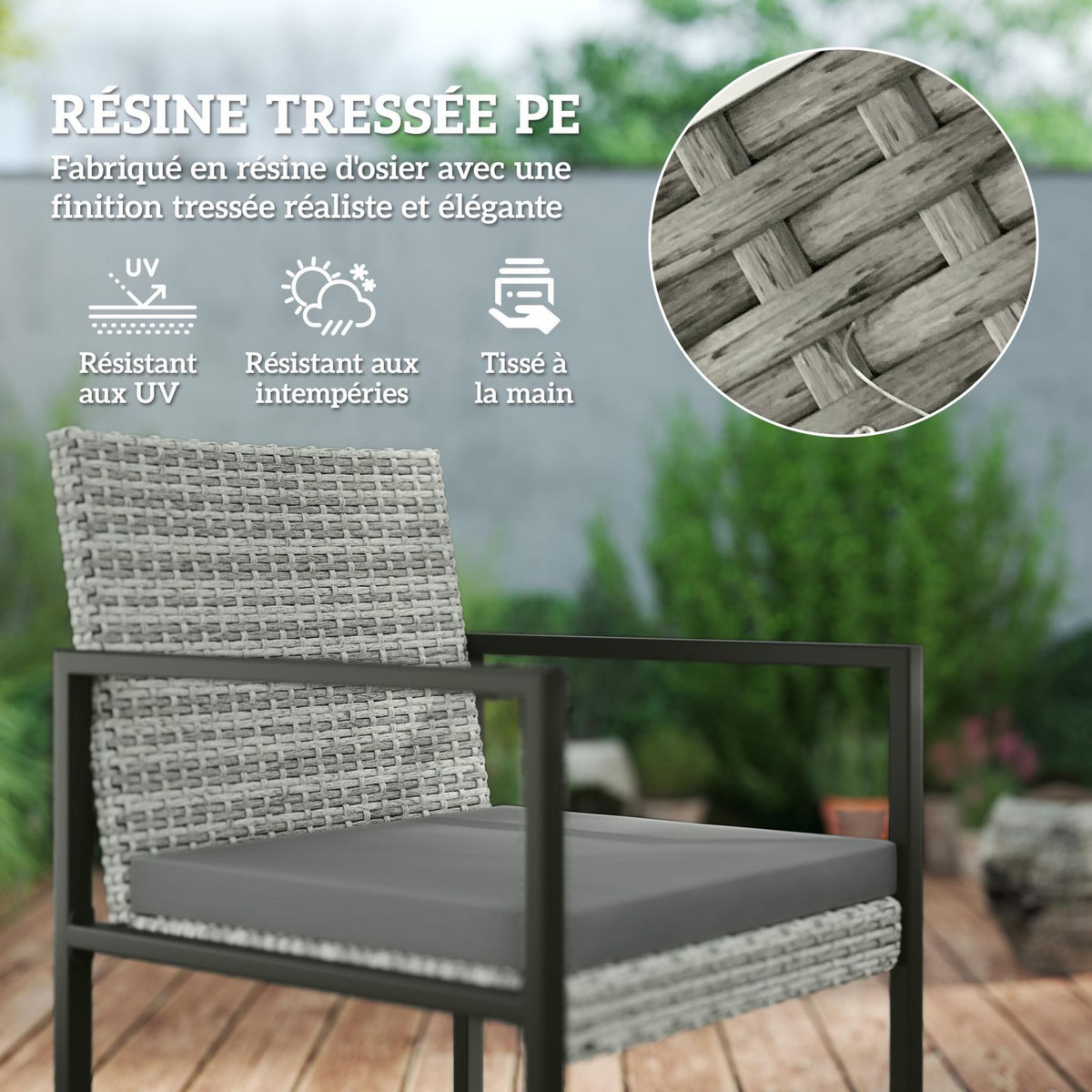 OUTSUNNY Ensemble salon de jardin 8 places 9 pièces - 4 fauteuils, 4 tabourets, table à manger - acier résine tressée gris