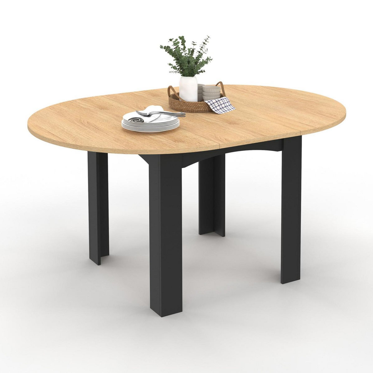 ID MARKET Table à manger extensible ronde DONA 4-8 personnes noire plateau façon hêtre 110-150 cm