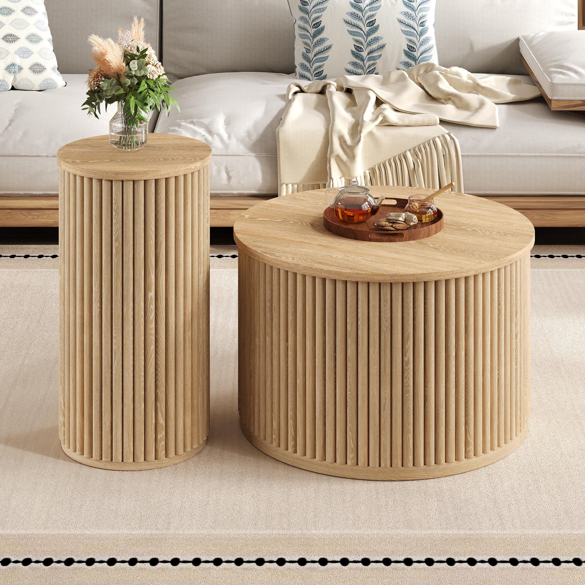 Voir la diapositive 2 : MERAX Table basse gigogne ronde naturel - 60x60 cm mdf