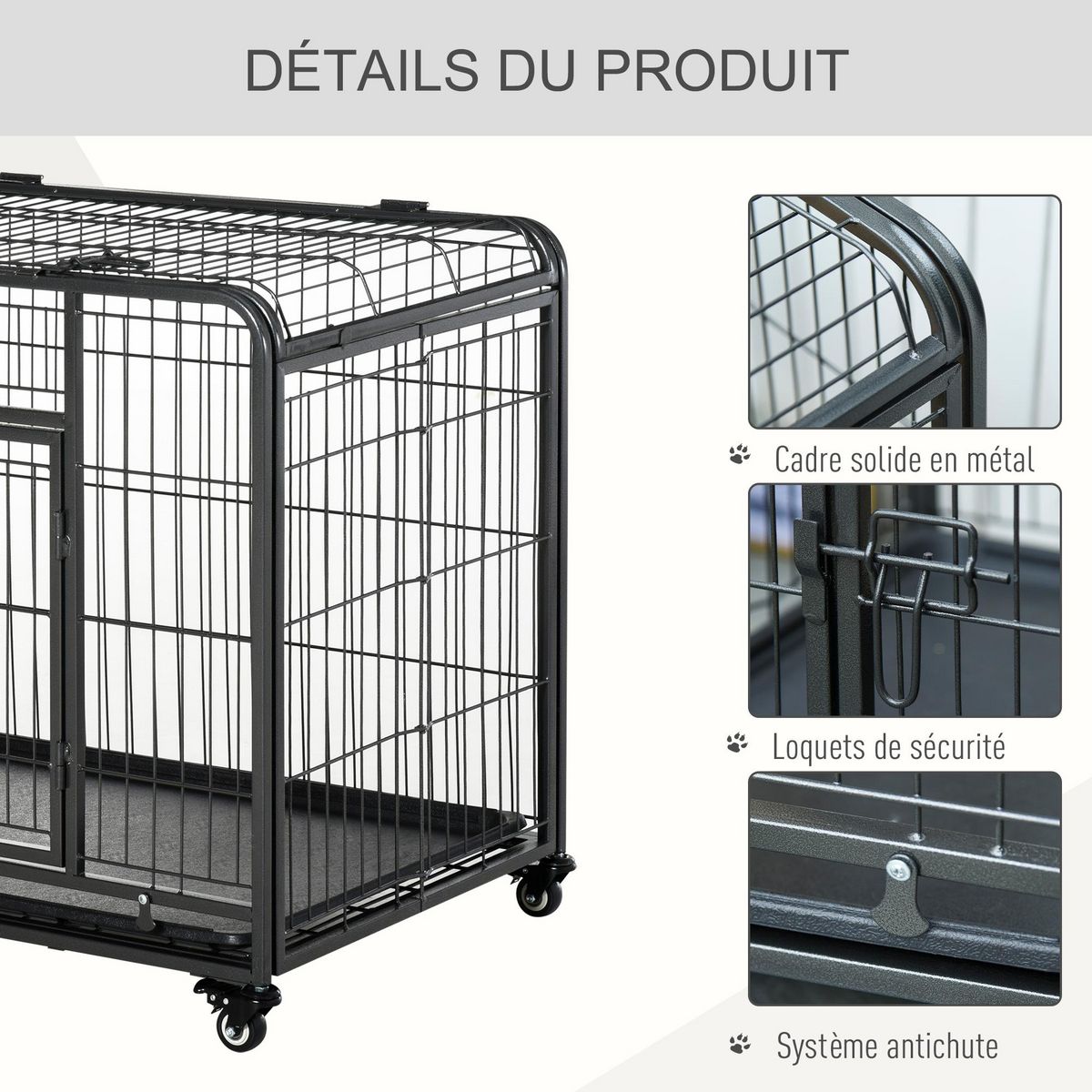 PAWHUT Cage pour chien pliable cage de transport sur roulettes 2 portes verrouillables plateau amovible dim. 109,5L x 71l x 78H cm métal gris noir