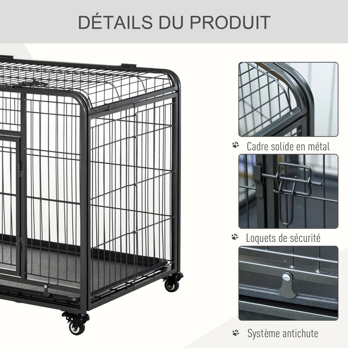 PAWHUT Cage pour chien pliable cage de transport sur roulettes 2 portes verrouillables plateau amovible dim. 109,5L x 71l x 78H cm métal gris noir