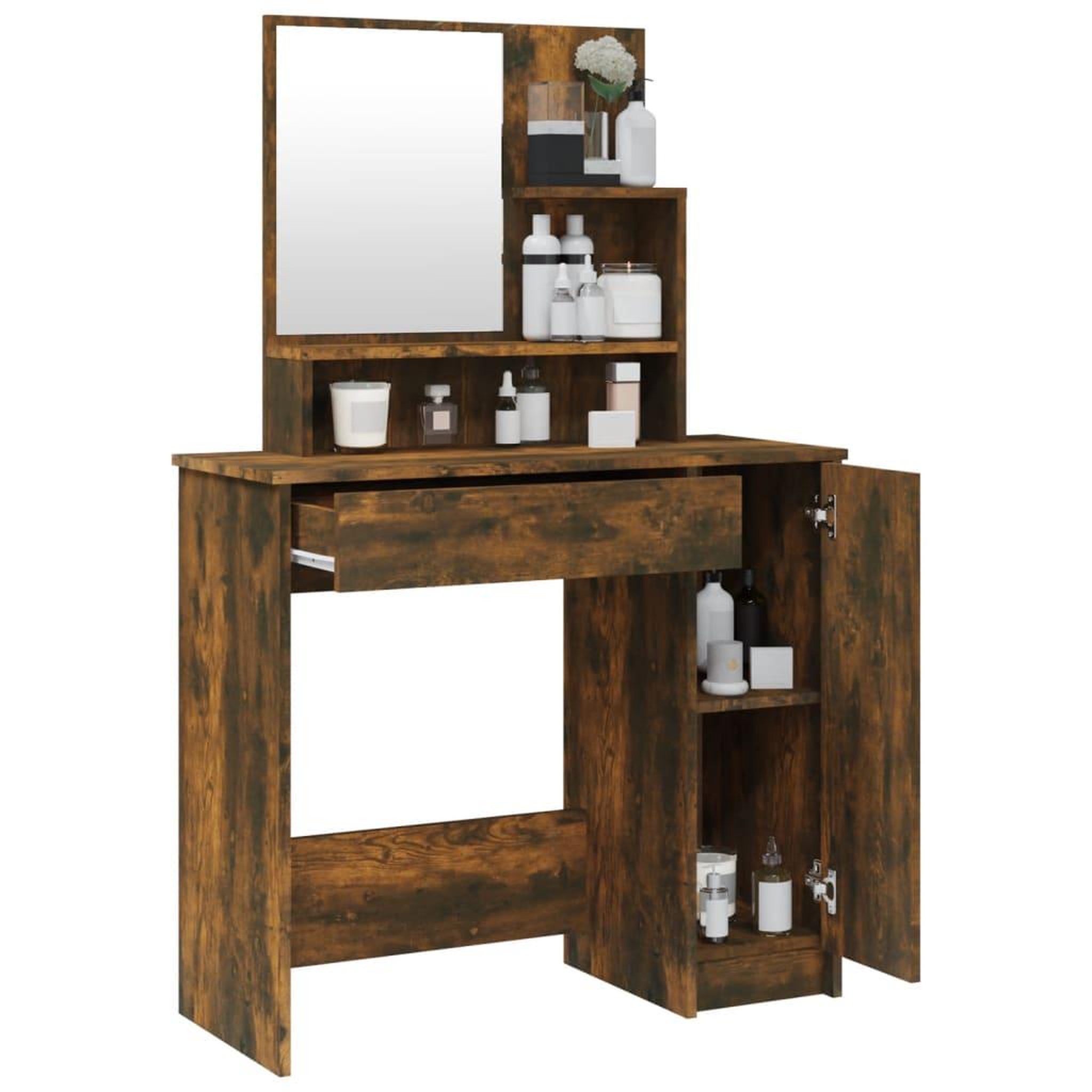 Voir la diapositive 5 : VIDAXL Coiffeuse avec miroir Chene fume 86,5x35x136 cm