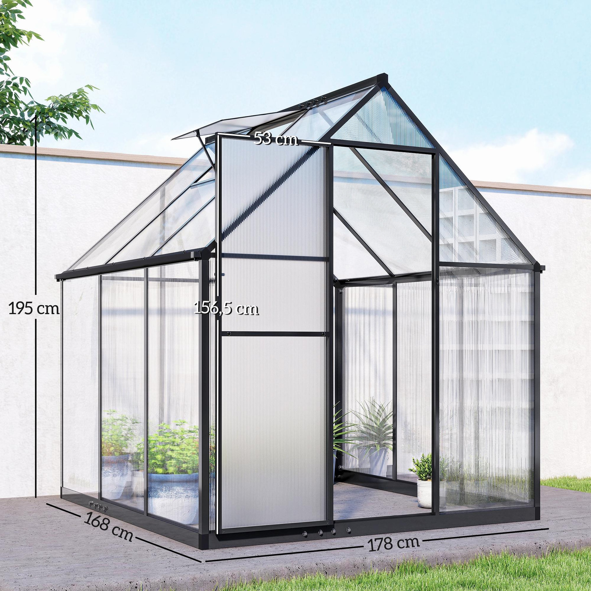 Voir la diapositive 3 : OUTSUNNY Serre de jardin alu polycarbonate - porte, lucarne - 1,78 x 1,68 x 1,95 m - noir