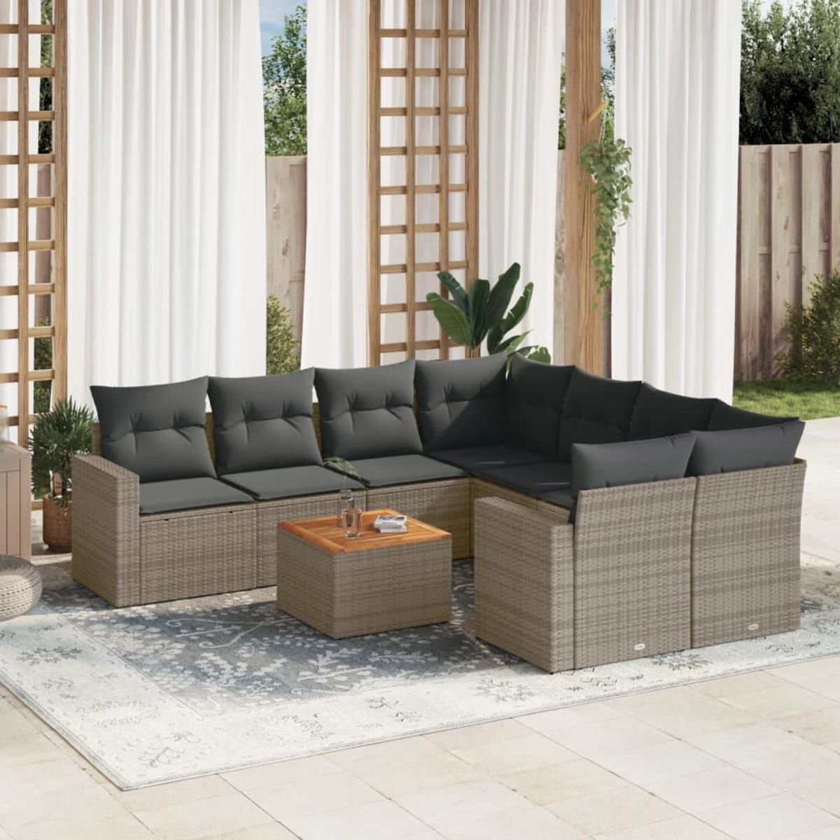 VIDAXL Salon de jardin 9 pcs avec coussins gris resine tressee
