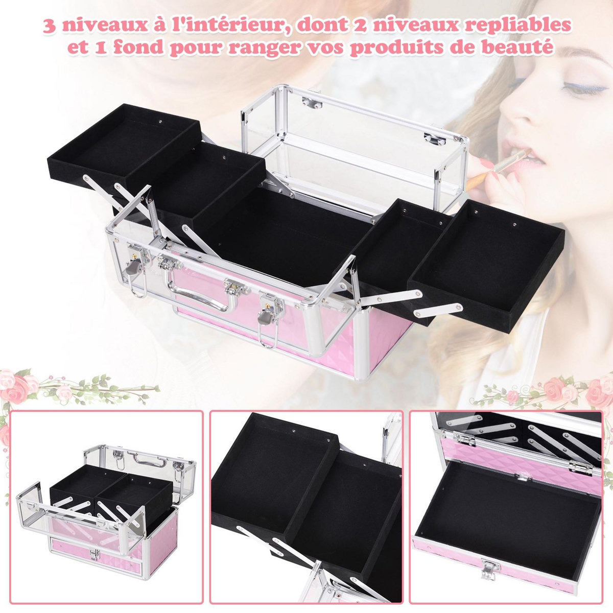 HOMCOM Mallette à maquillage - coffre à cosmétiques - rangement produits de beauté - dim. 30L x 18l x 22H cm - poignée serrure alu. acrylique