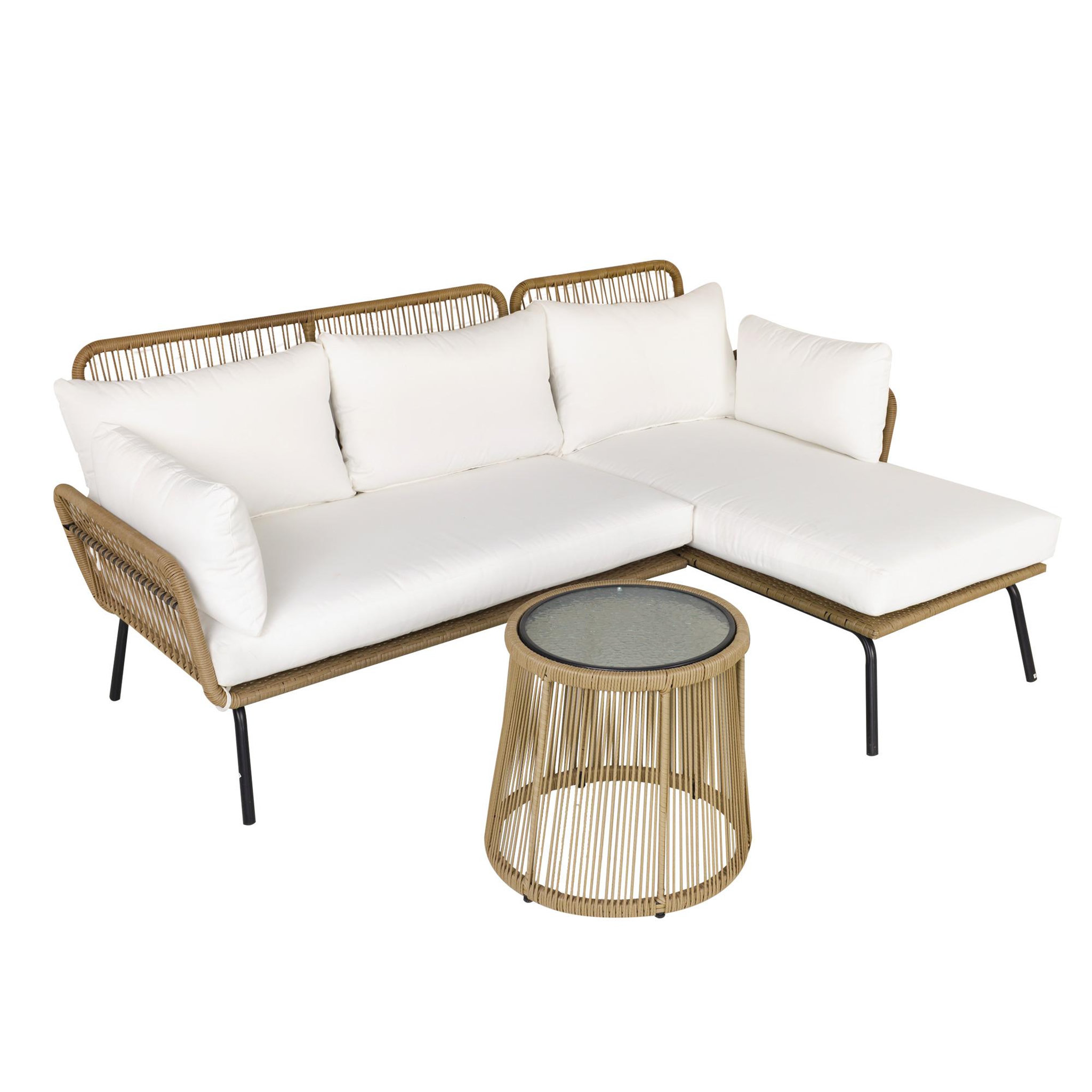 OUTSUNNY Salon de jardin d'angle 4 pers. Style colonial table basse coussins grand confort inclus résine tressée beige