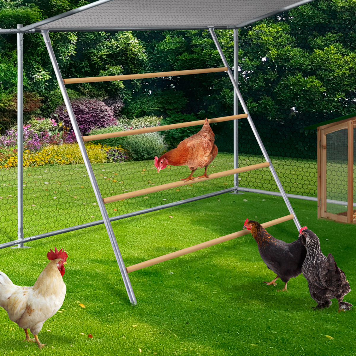 ID MARKET Grand perchoir pour poules 4 niveaux en bois compatible enclos