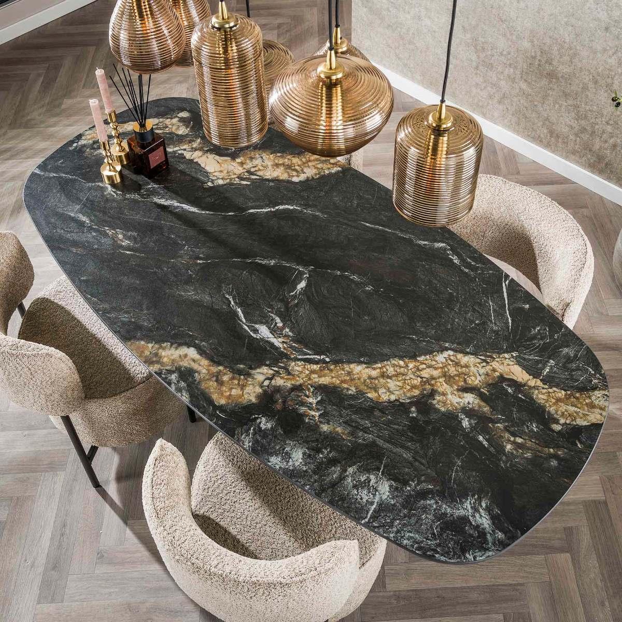 Voir la diapositive 3 : JLC KREATION Table à manger ovale en céramique avec pied central DANY