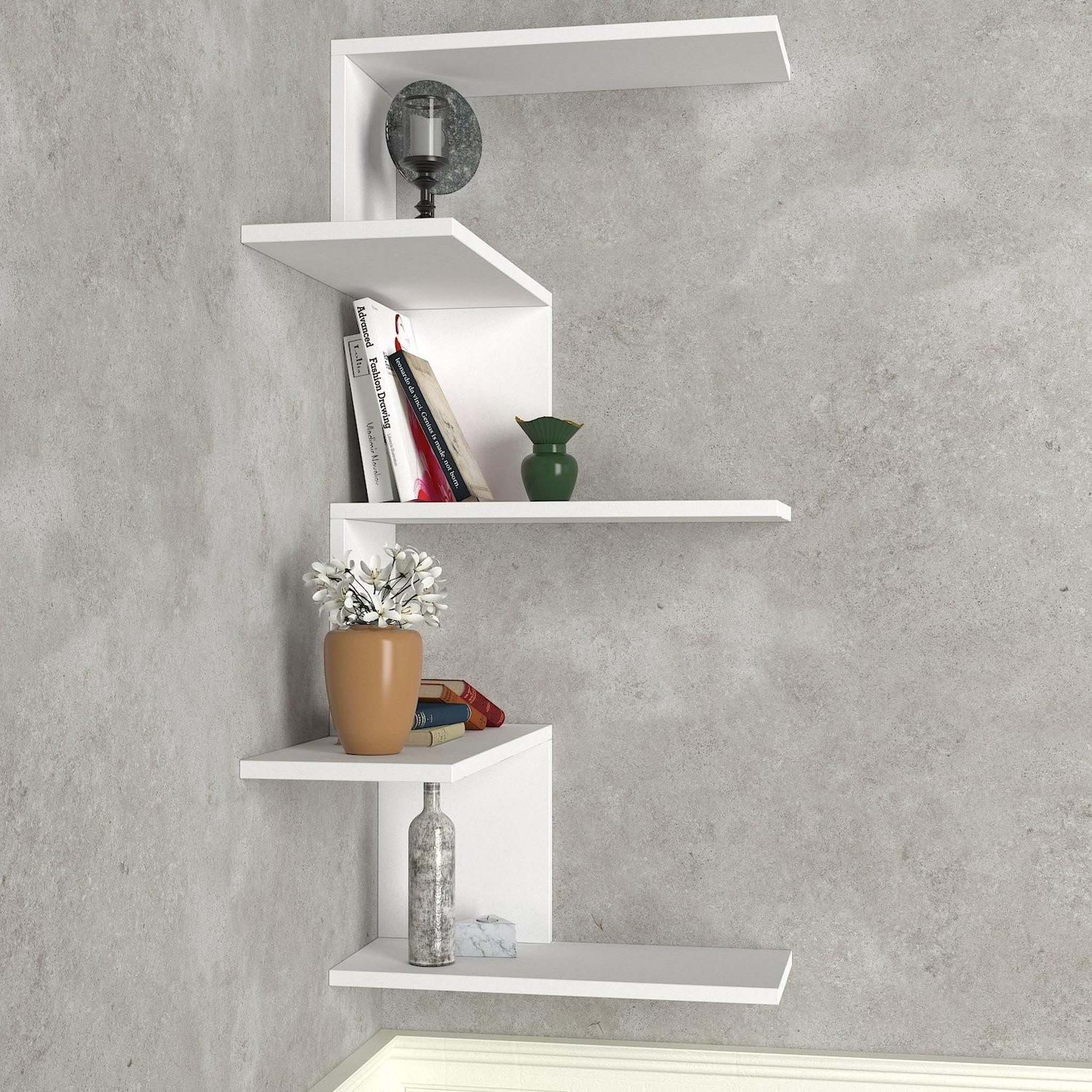 Voir la diapositive 4 : Habitat et Jardin Étagère d'angle murale en bois  caniko  - 51 x 29 x 109 cm - blanc
