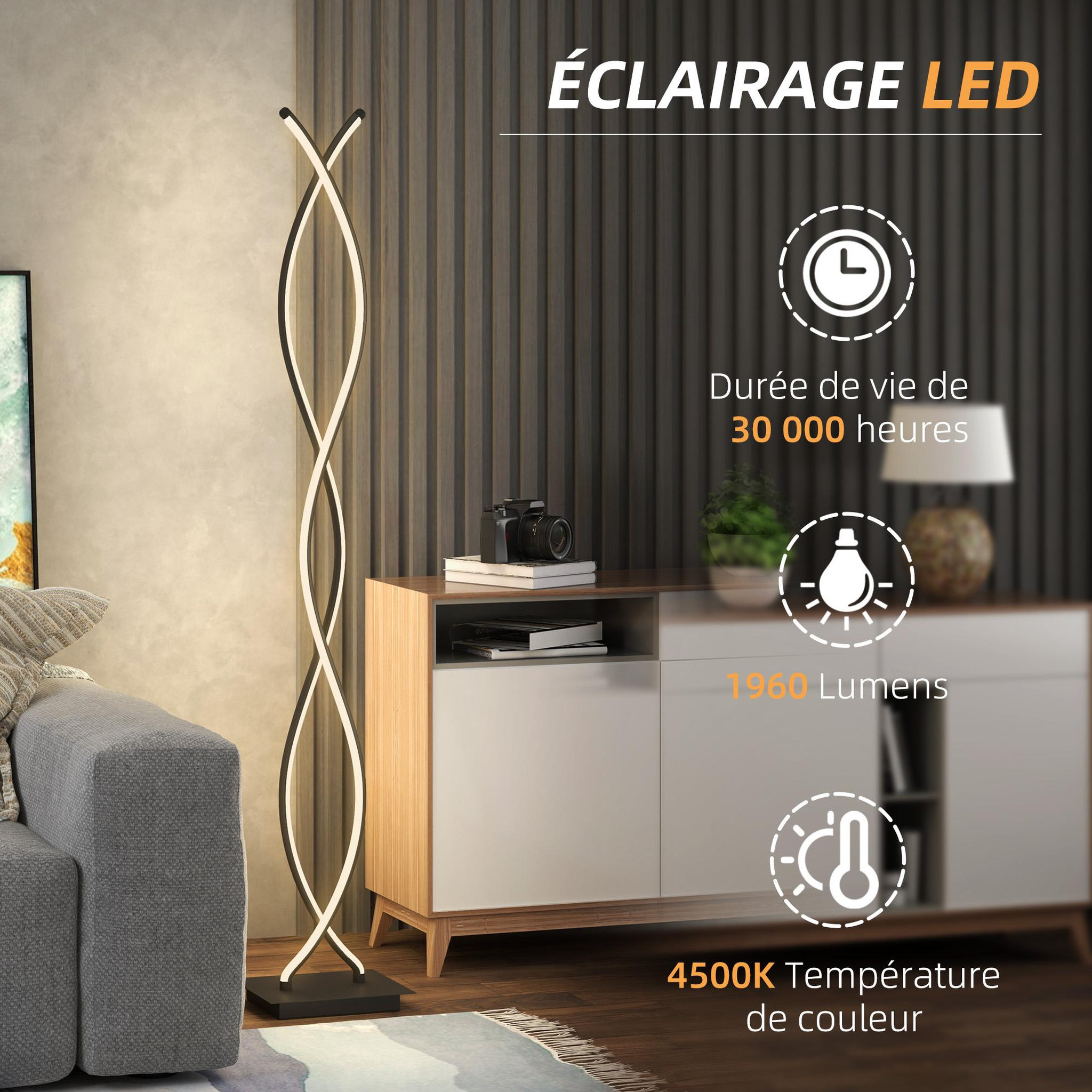 Voir la diapositive 6 : HOMCOM Lampadaire led design spirales - forme galbée h. 140 cm - alliage alu. Acrylique noir
