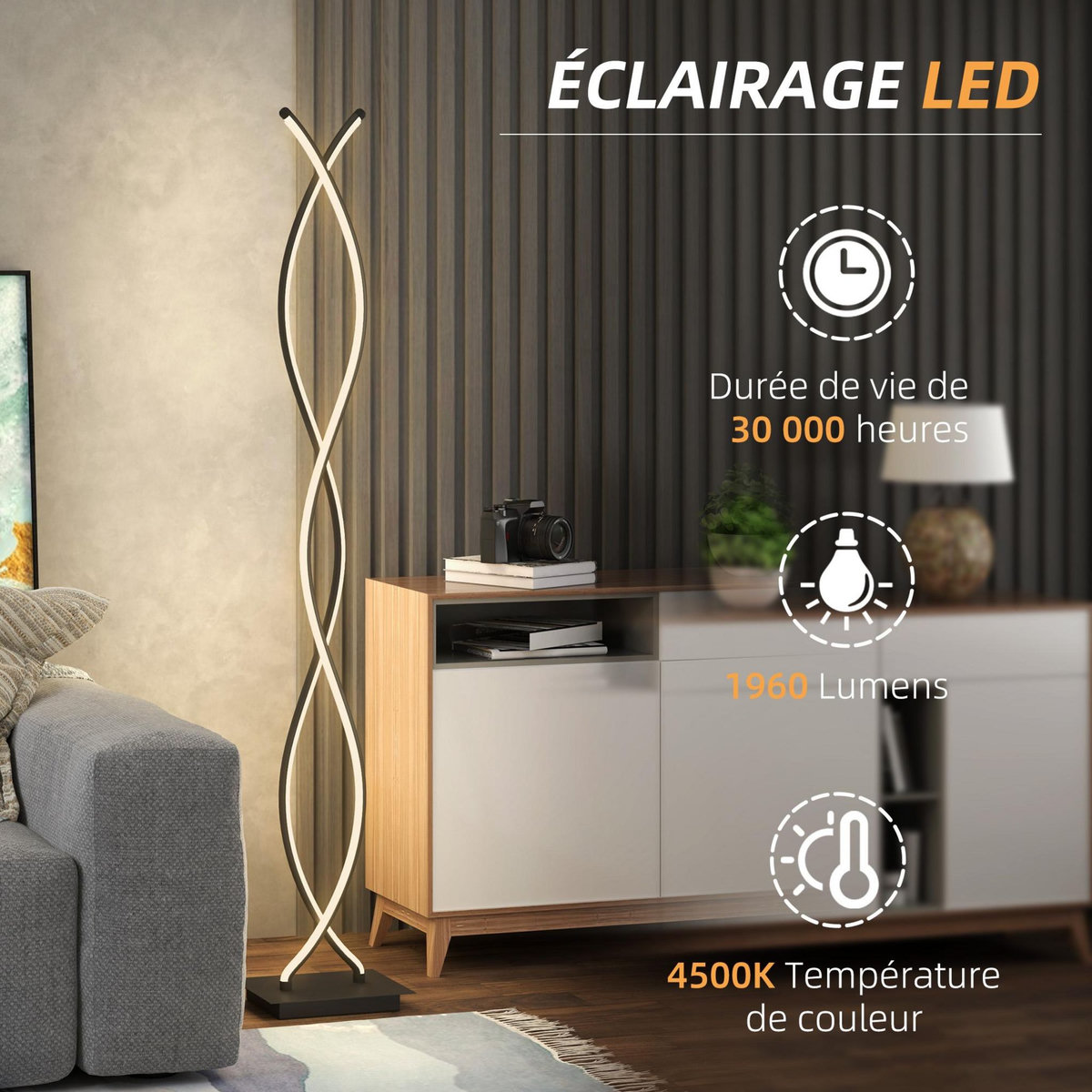 HOMCOM Lampadaire LED design spirales - forme galbée H. 140 cm - alliage alu. acrylique noir