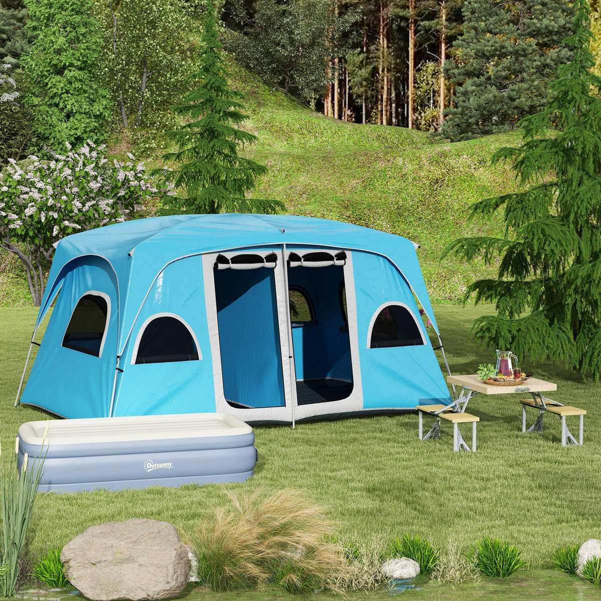 OUTSUNNY Ensemble table et chaise de camping pliable forme valise alu bois