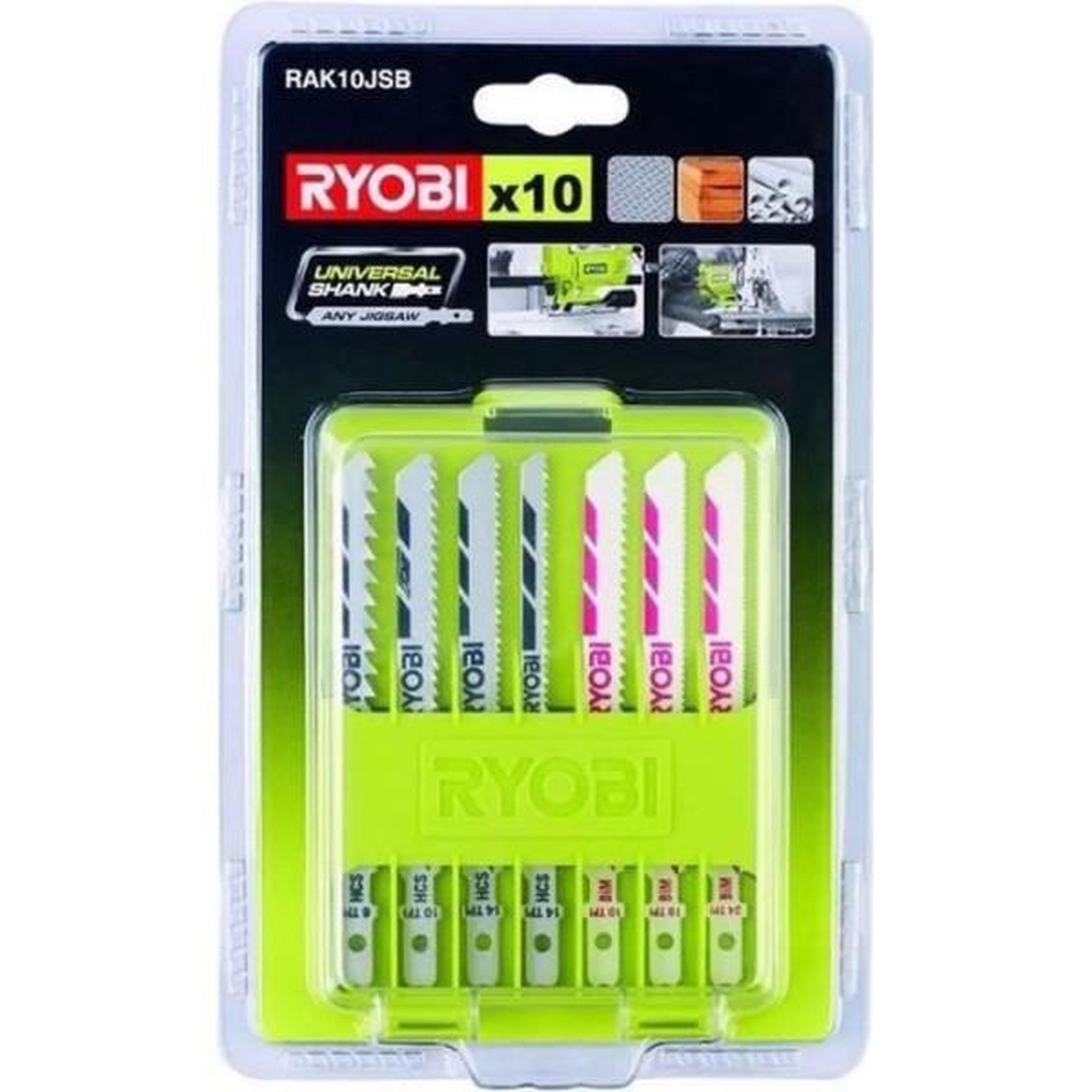 Ryobi Ryobi - coffret 10 lames baionnettes scie sauteuse bois - plastique (6 / 10 / 14 tpi) et bimétal - rak10jsb