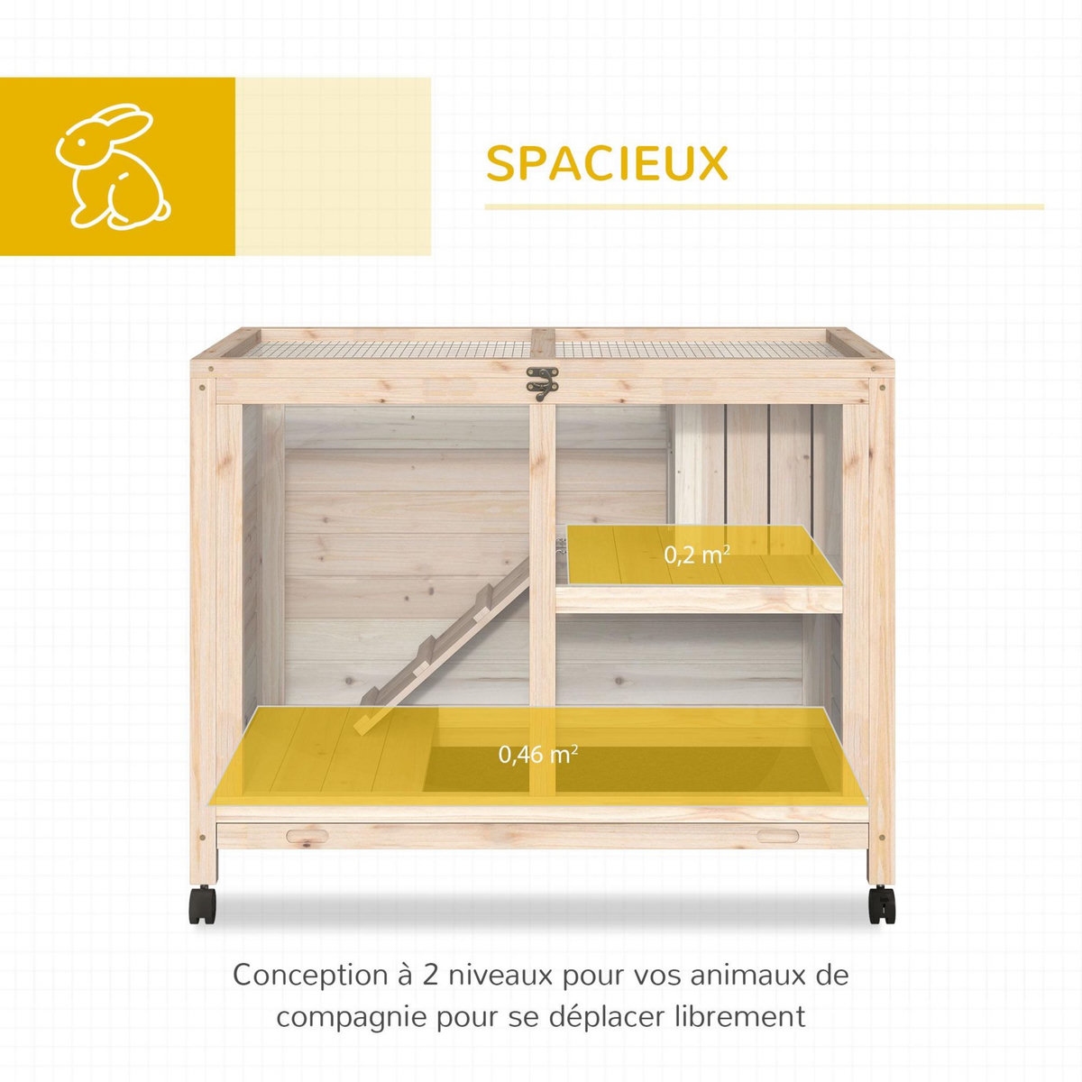 PAWHUT Clapier à lapin sur roulettes cage à lapin 2 niveaux toit ouvrant verrouillable plateau déjection coulissant rampe niche bois de sapin