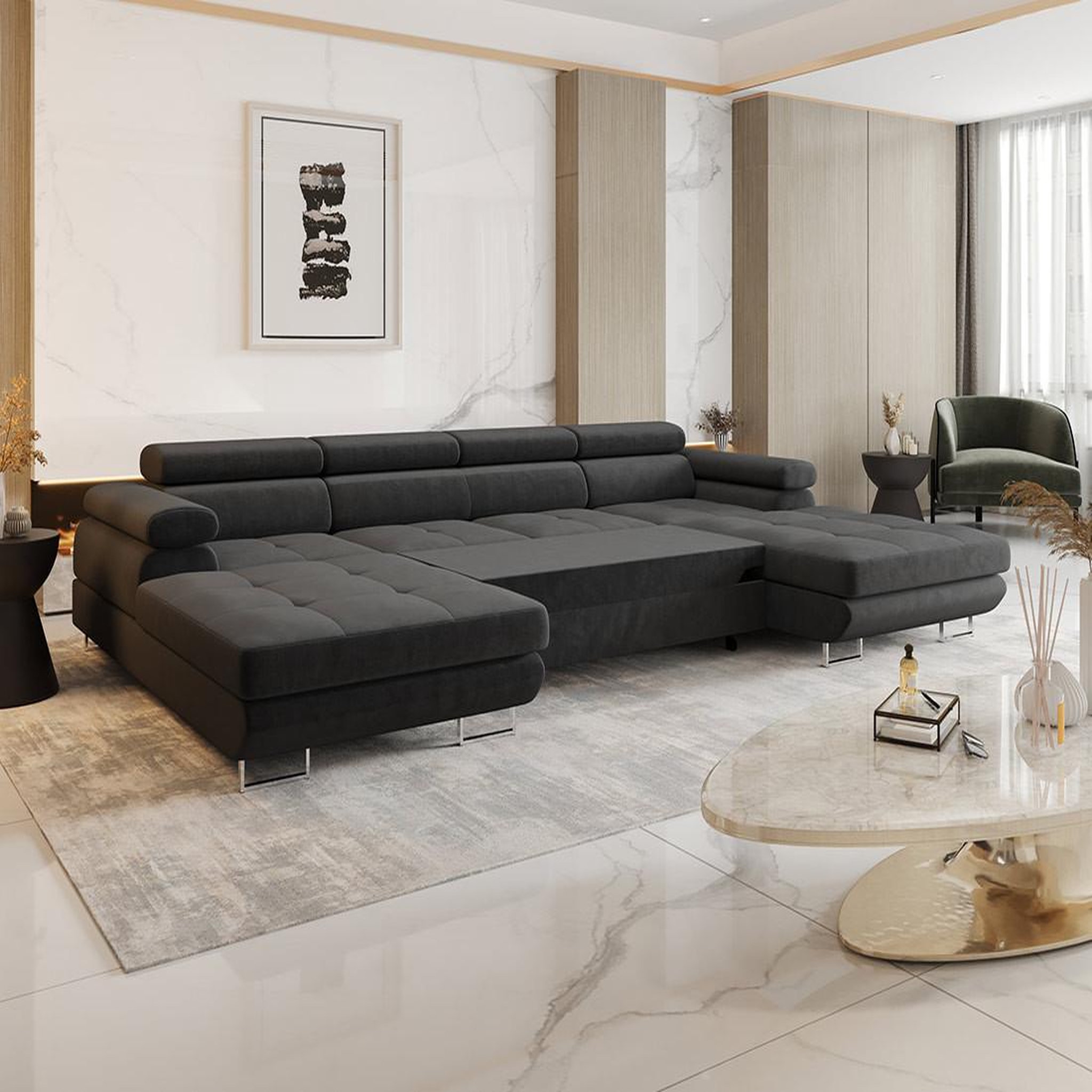 Voir la diapositive 3 : BEST MOBILIER Ayden - canapé panoramique en u 7 places convertible avec coffre et têtières réglables en tissu