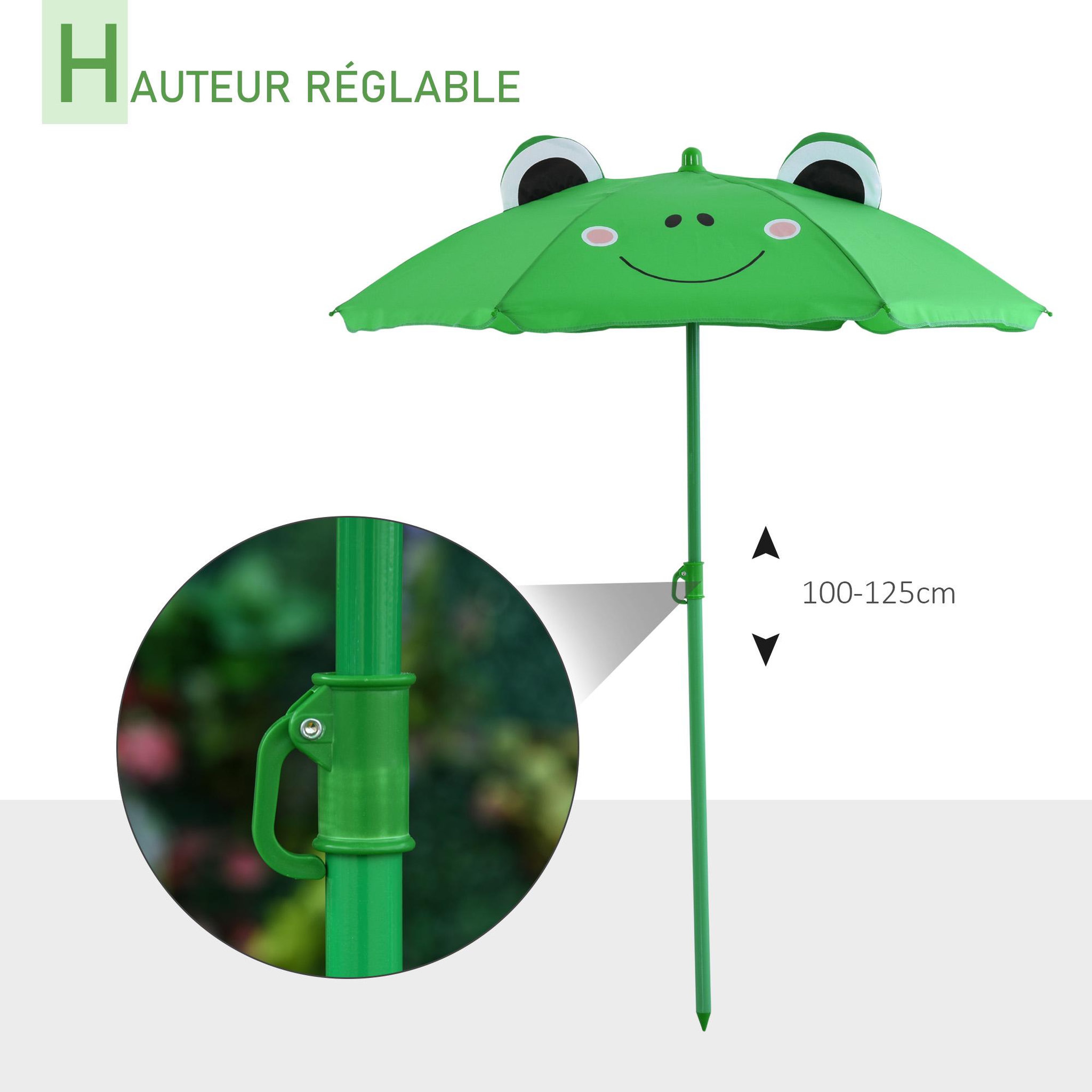 Voir la diapositive 5 : OUTSUNNY Ensemble salon de jardin enfant 4 pcs design grenouille - table ronde + 2 chaises pliables + parasol - métal époxy oxford vert