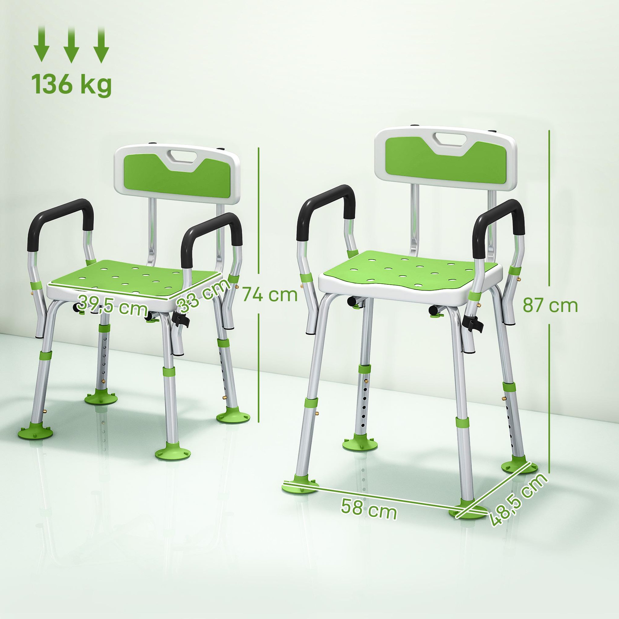 Voir la diapositive 3 : HOMCOM Chaise de douche siège de douche ergonomique hauteur réglable pieds antidérapants charge max. 136 kg alu hdpe blanc vert