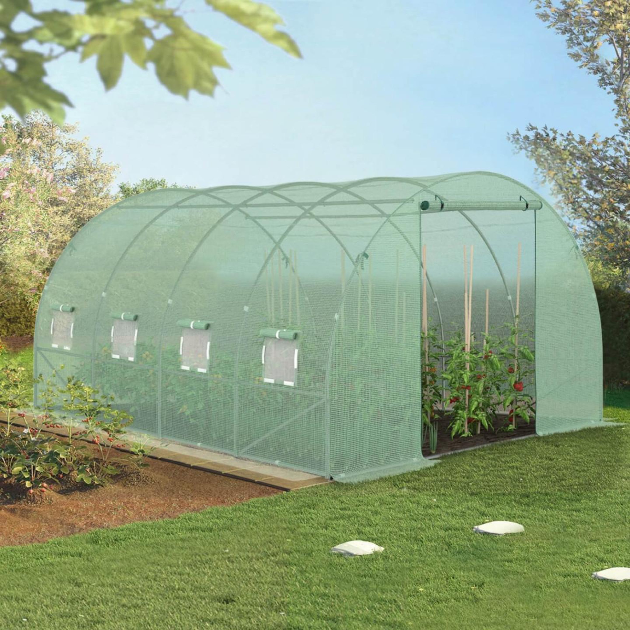 Voir la diapositive 2 : ID MARKET Serre de jardin tunnel 12m² 4 x 3 x 2 m acier galvanisé + bâche anti-uv avec porte et fenêtres zebra verte