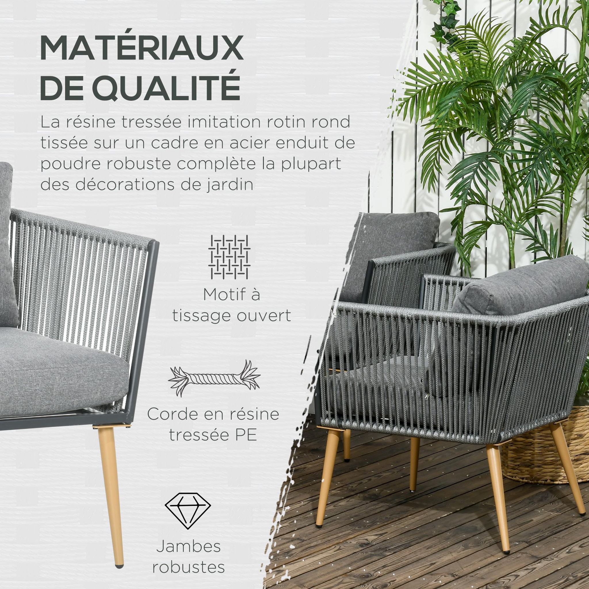 Voir la diapositive 6 : OUTSUNNY Salon de jardin 4 places 4 pièces design scandinave acier époxy résine filaire pe coussins inclus gris