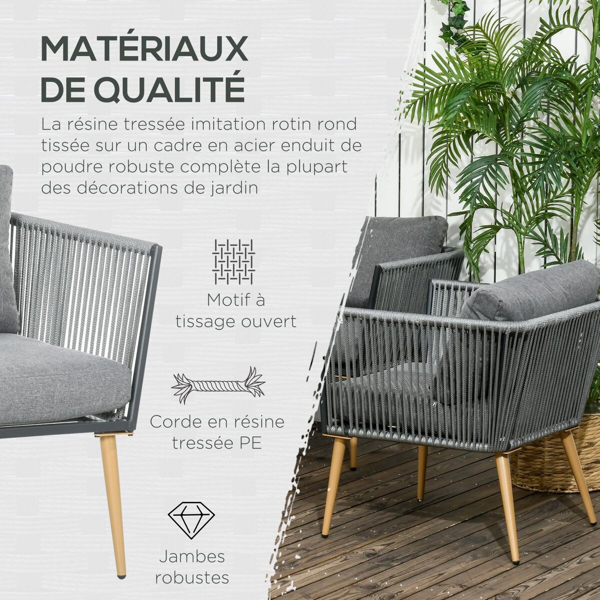 OUTSUNNY Salon de jardin 4 places 4 pièces design scandinave acier époxy résine filaire PE coussins inclus gris