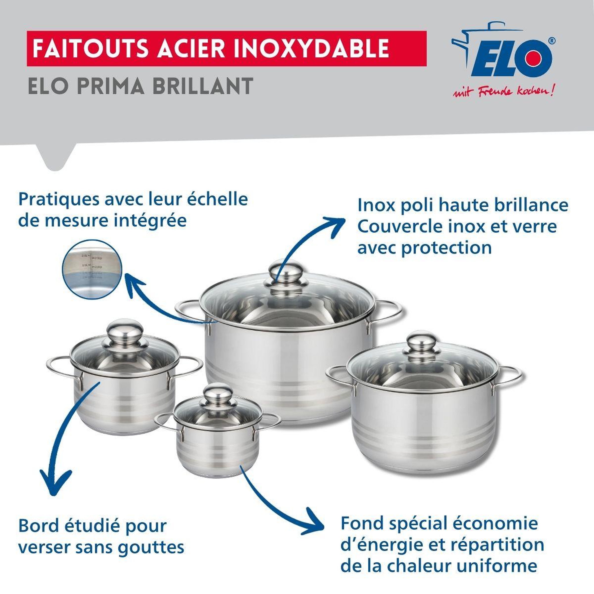 Voir la diapositive 3 : ELO Ensemble de 3 poêles de cuisson 20, 28 et 32 cm et 4 faitouts 12, 14, 20 et 24 cm elo prima brillant