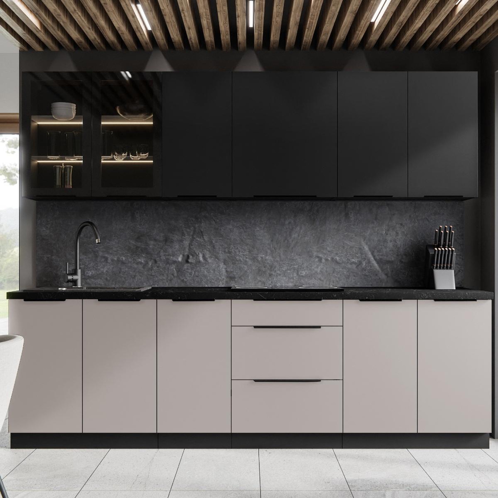 Voir la diapositive 2 : JLC KREATION Cuisine complète moderne beige et noir 260cm MAO