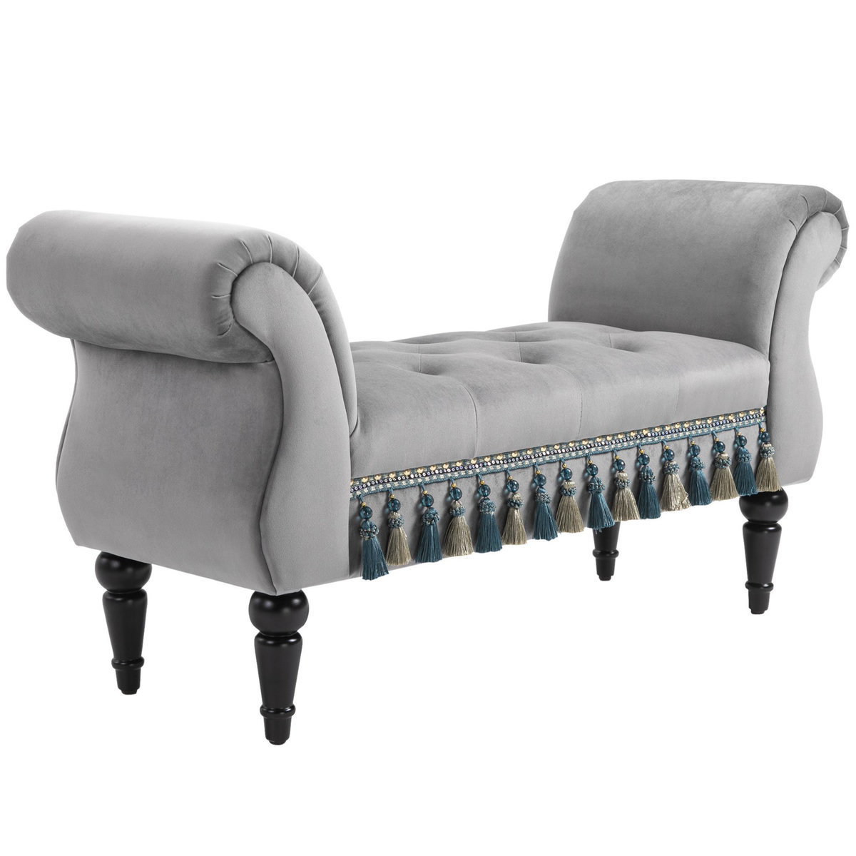 HOMCOM Banc banquette capitonnée design accoudoirs courbés pompons pieds bois hévéa revêtement velours gris