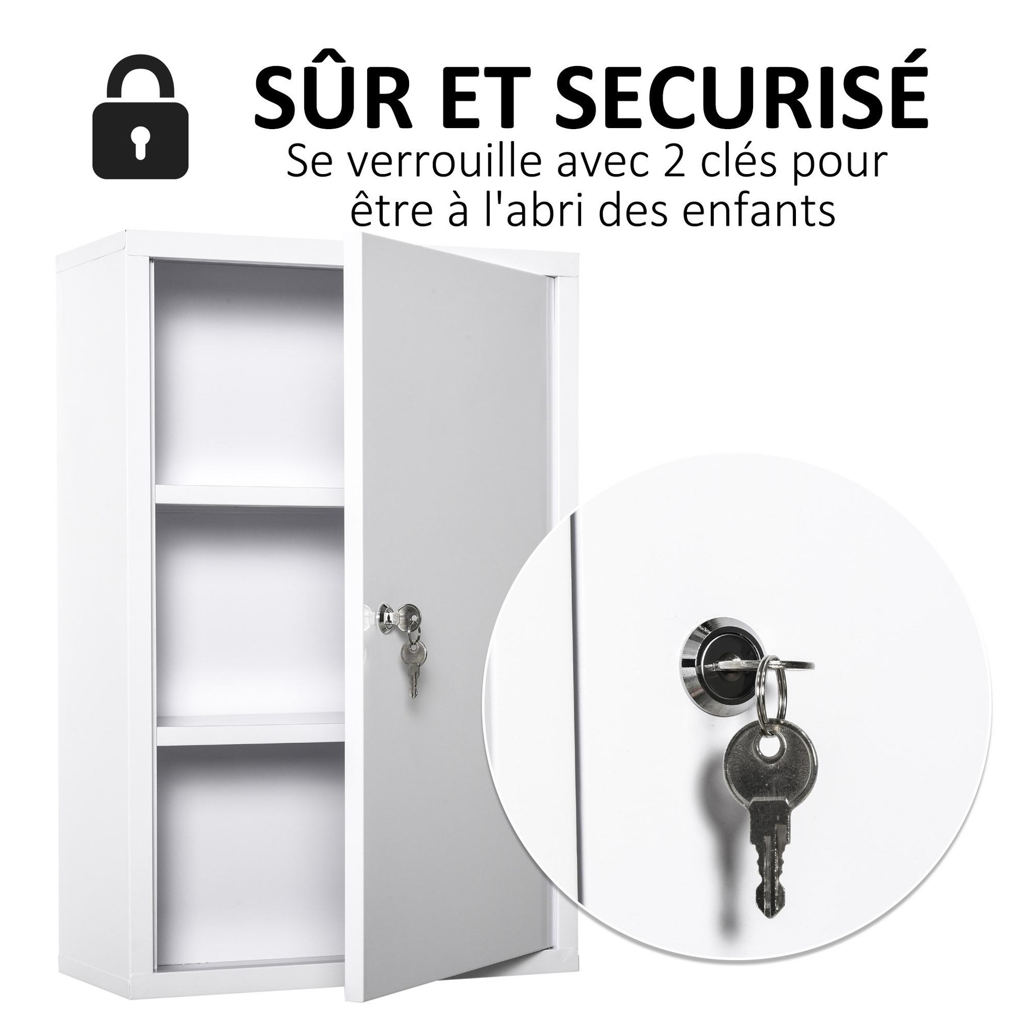 Voir la diapositive 4 : KLEANKIN Armoire à pharmacie 2 étagères 3 niveaux verrouillable dim. 40l x 18l x 60h cm 2 clés métal blanc