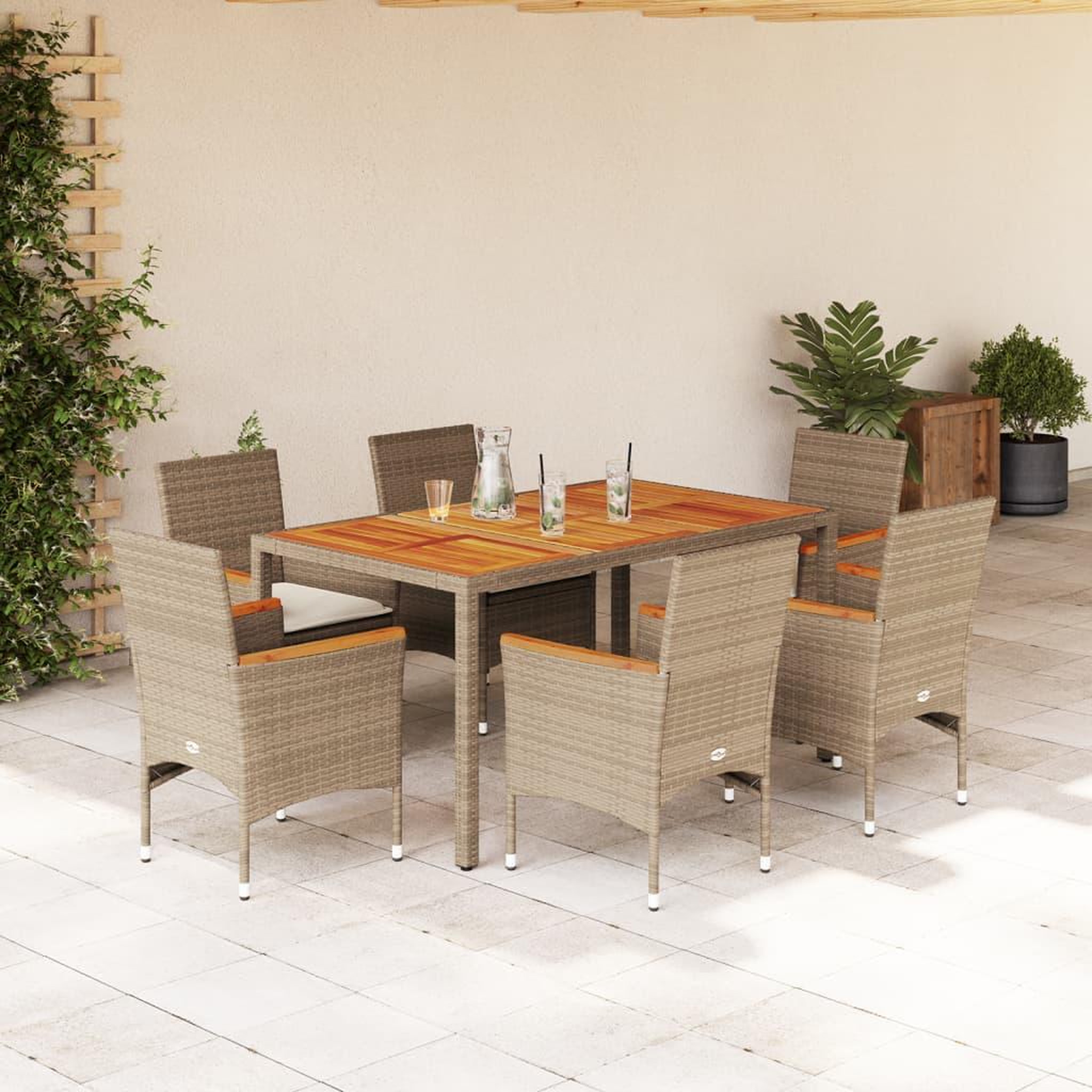 Voir la diapositive 1 : VIDAXL Ensemble a manger de jardin et coussins 7pcs beige rotin acacia