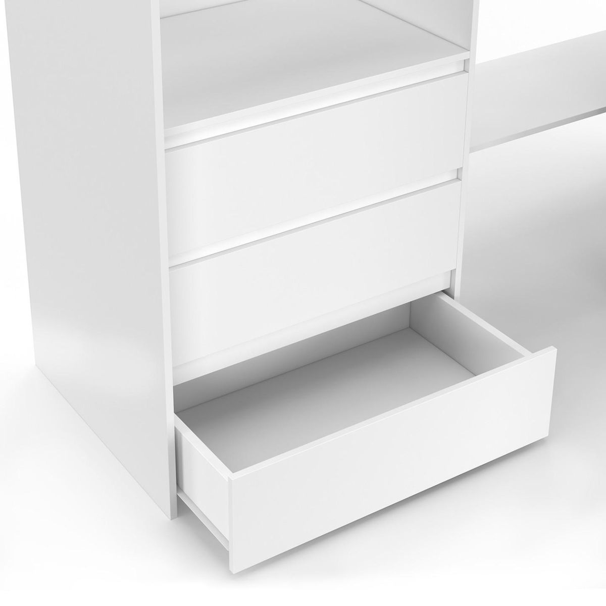 ID MARKET Dressing extensible d'angle MARLON 200 x 150 x 180 cm blanc avec penderies + tiroirs + étagères + rideaux gris