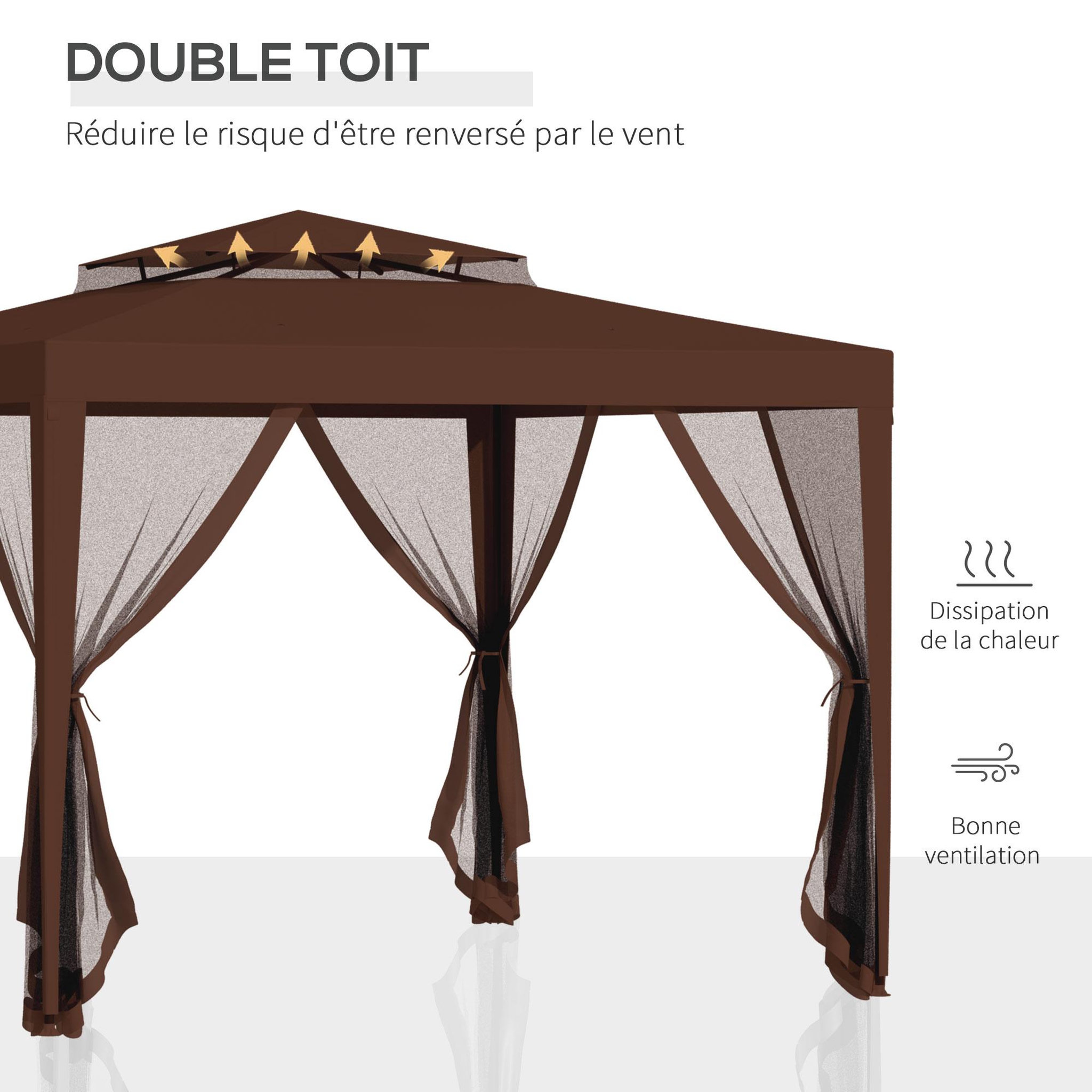 Voir la diapositive 4 : OUTSUNNY Tonnelle barnum de jardin 3L x 3l m avec 4 moustiquaires amovibles - double toit - métal polyester marron