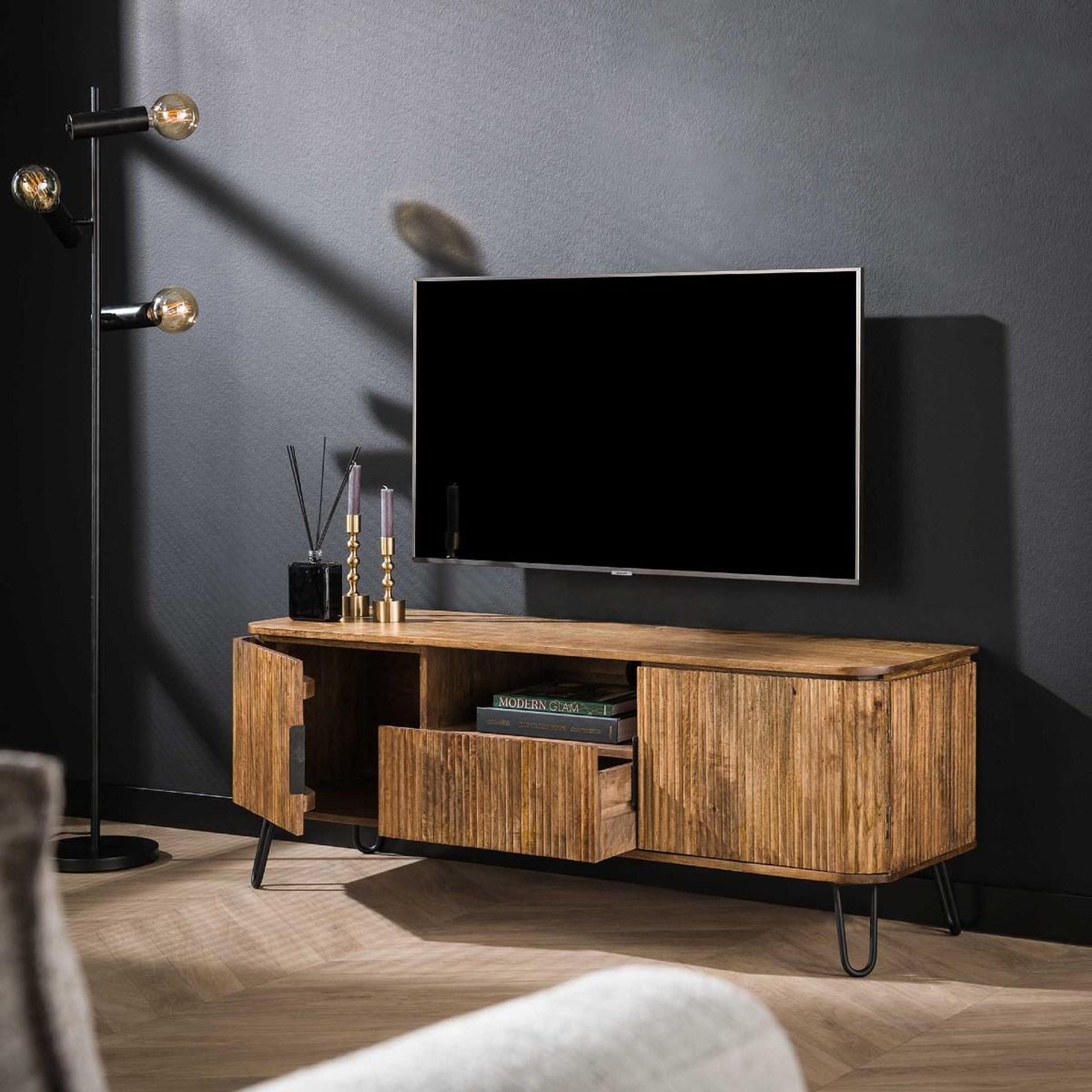 Voir la diapositive 3 : JLC KREATION Meuble tv en bois de manguier massif 2 portes-1 tiroir wago