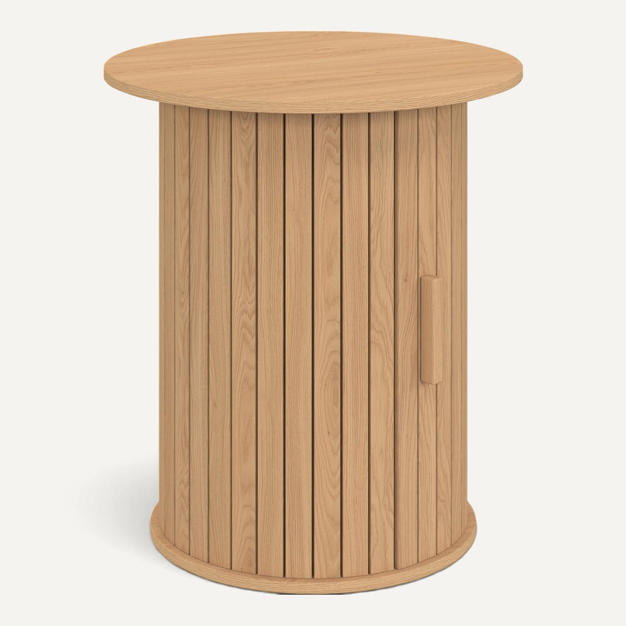 Voir la diapositive 6 : ID MARKET Table d'appoint ronde, bout de canapé, table de chevet JULIETTE 45 cm avec rangement intérieur lattes tasseau bois coloris chêne