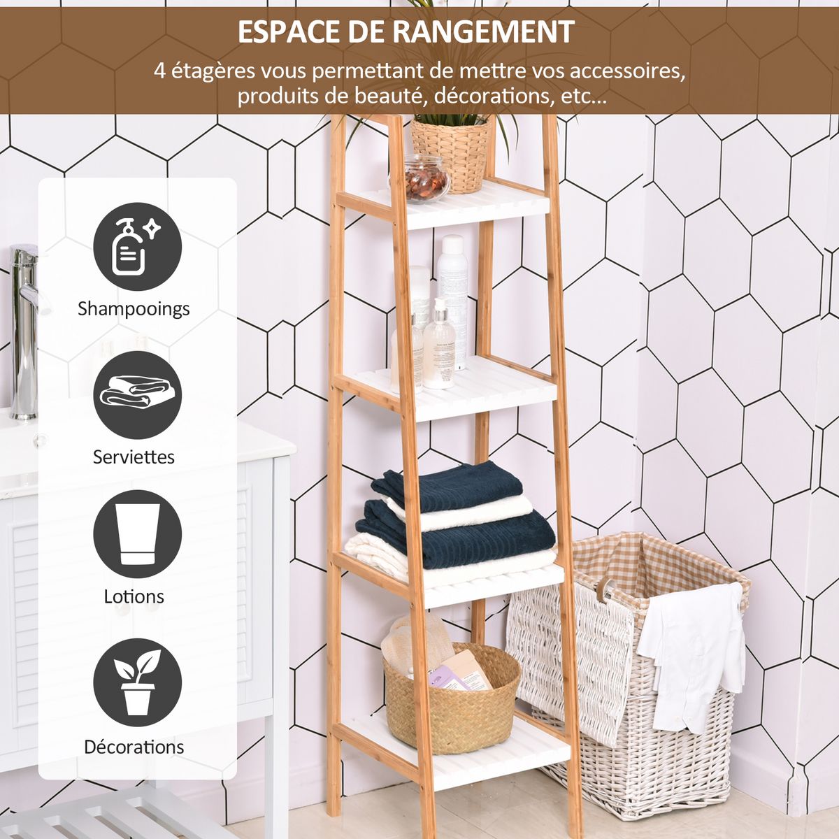 HOMCOM Etagère en bambou de salle de bain 4 niveaux à lattes dim. 35L x 36l x 138H cm bois pin blanc
